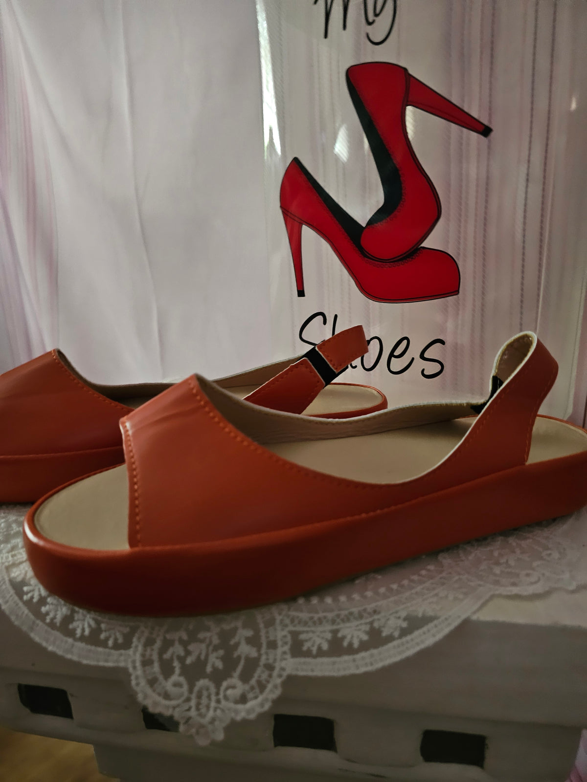Ladies orange toeless platform slingbacks