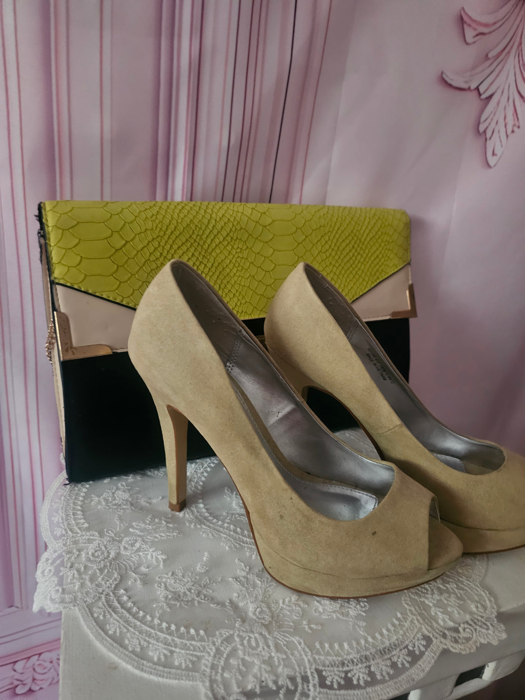 Ladies Next Lime Green Suede Peep Toe Heels
