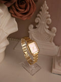 Ladies Gold Chain Bracelet with Pink Square Faced Watch