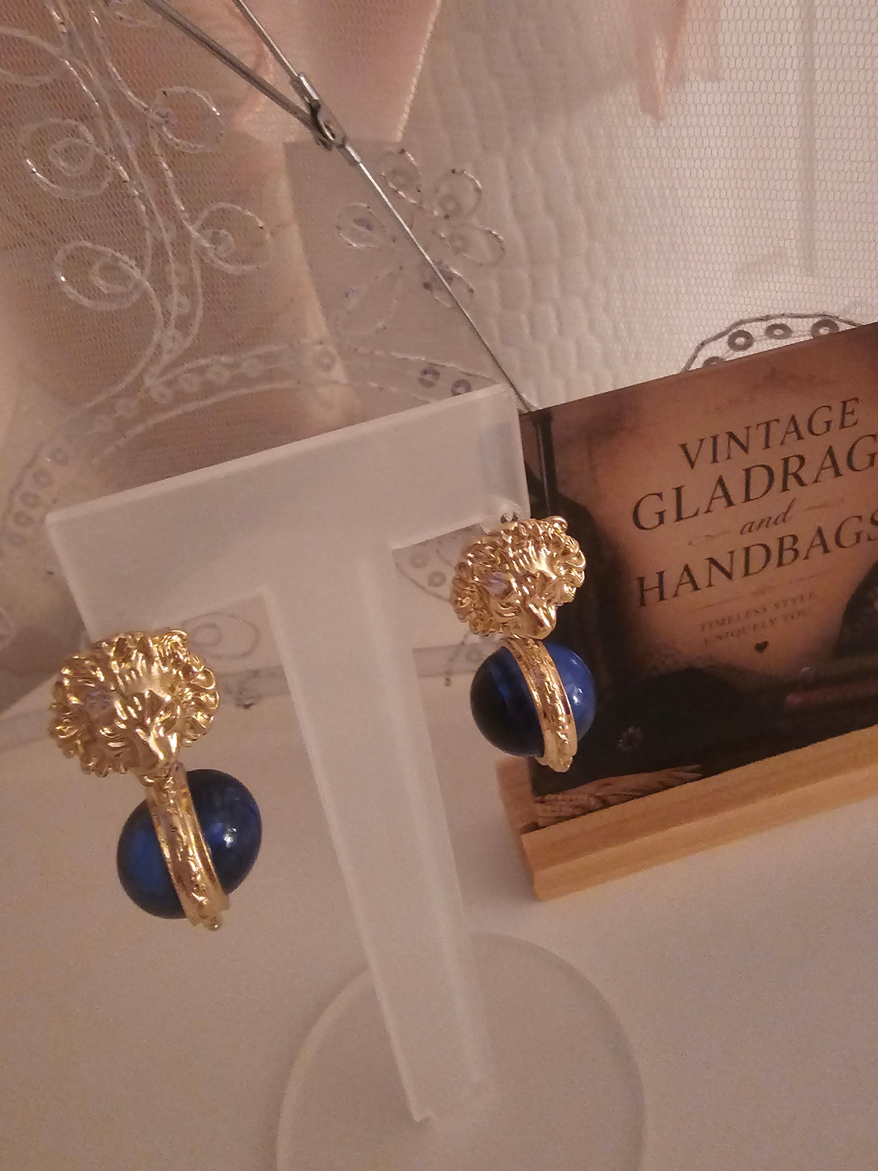 Ladies gold versace style blue ball droplet earrings