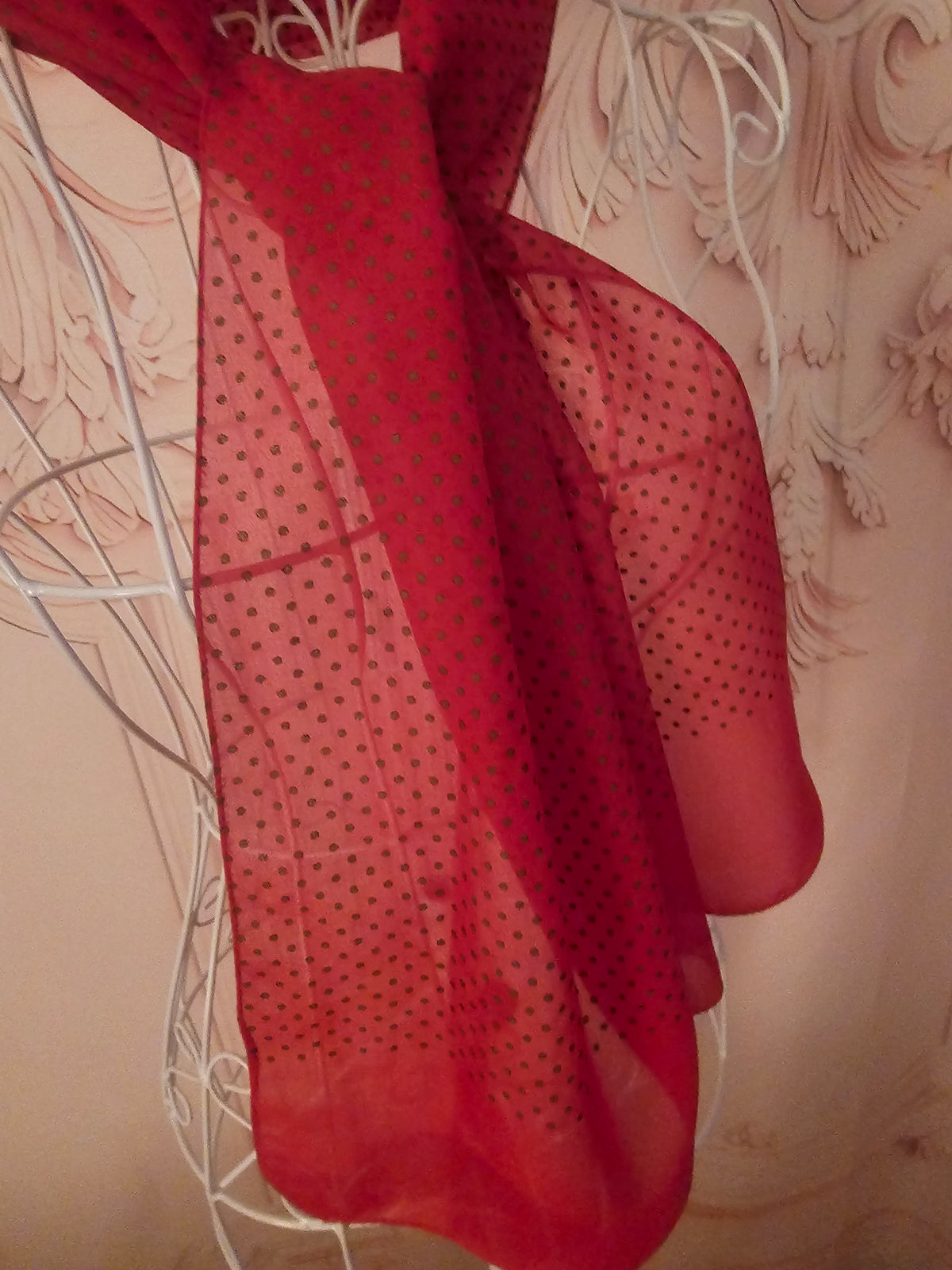 Ladies Red Chiffon Polka Dot Style Chiffon Head or Neck Scarf