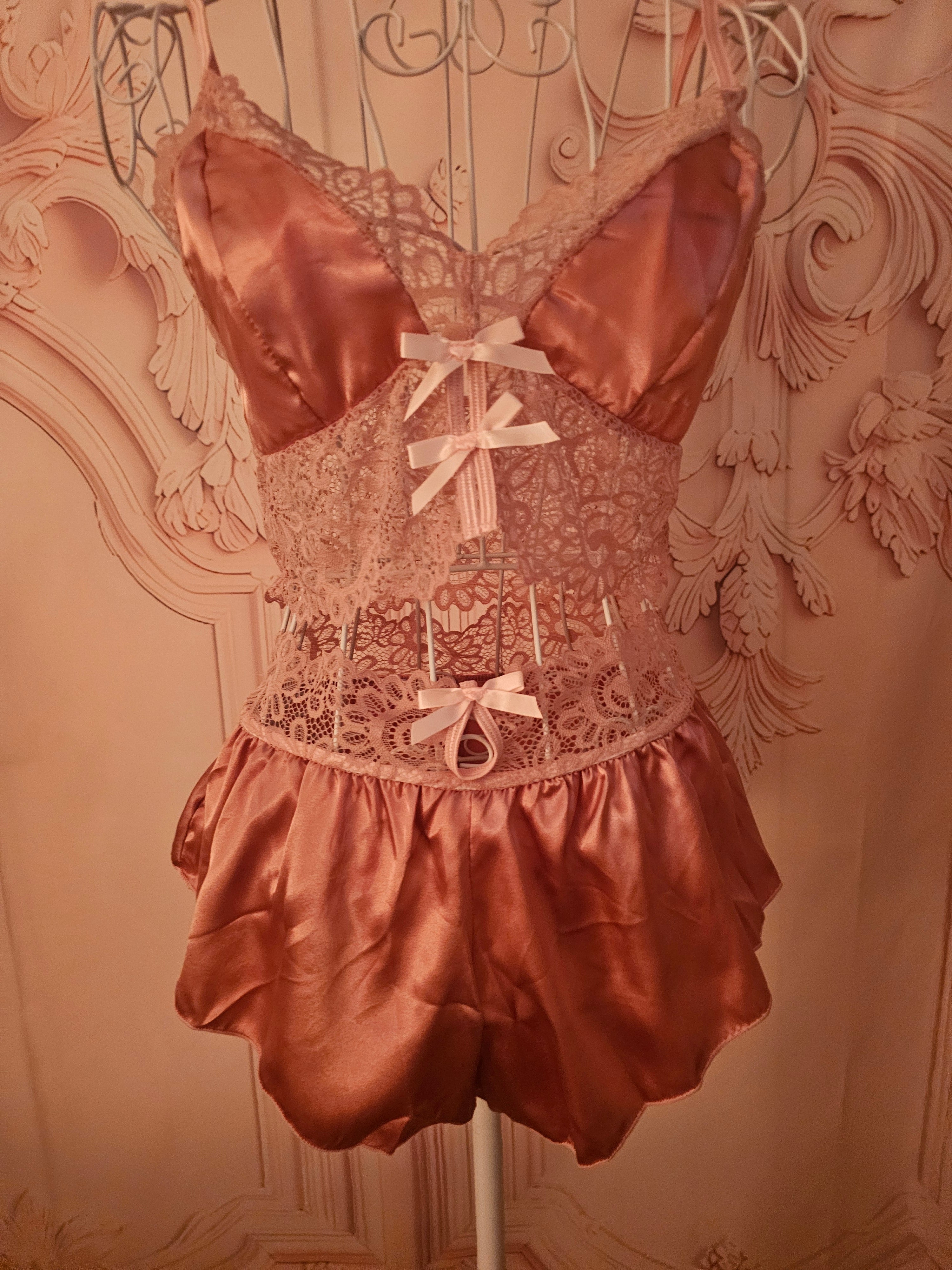 Ladies Satin Dusky Pink Baby Doll Crop Top & French Satin Knickers Underwear Set