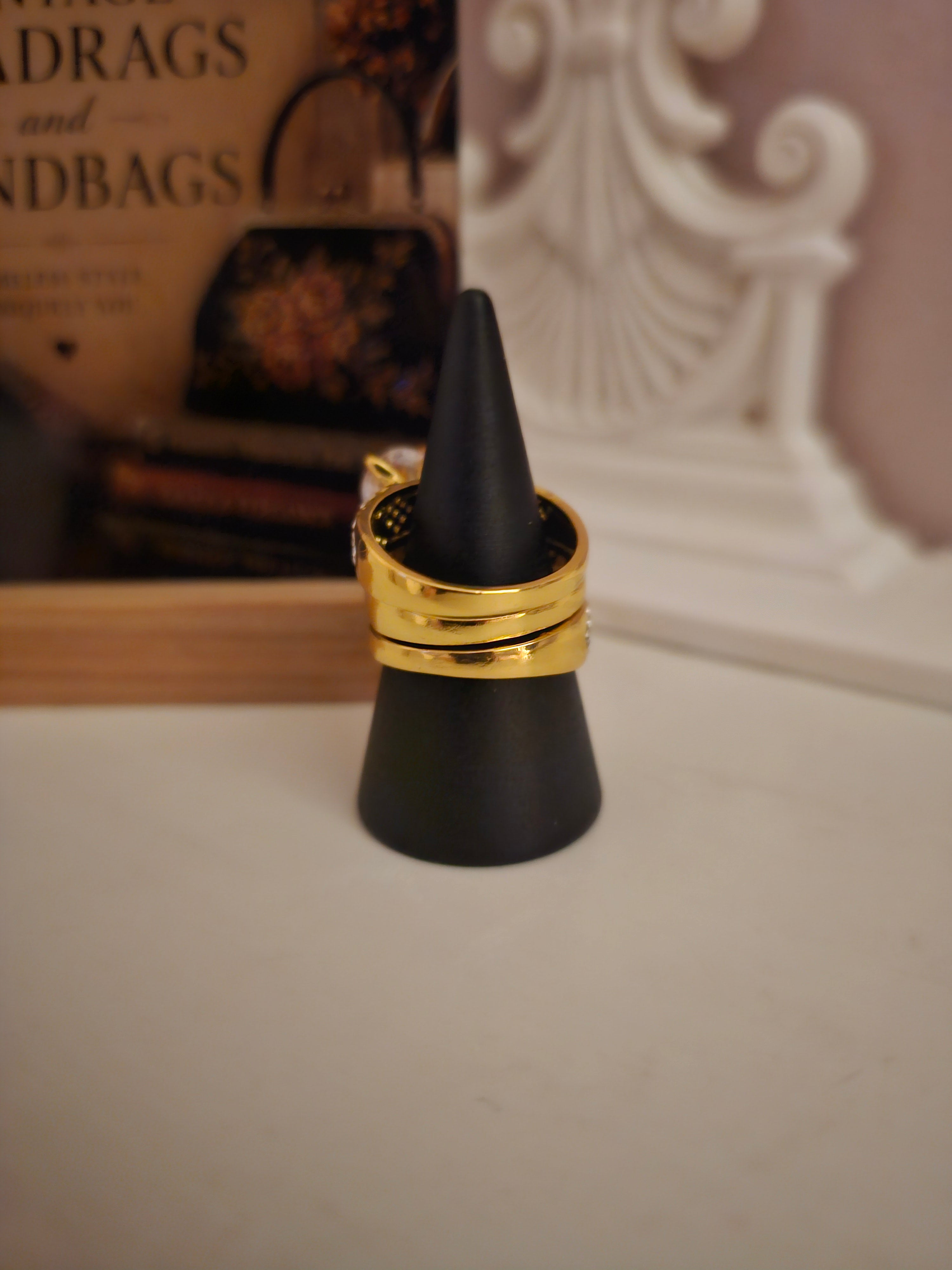 Ladies Yellow Gold set of 3 Dress Rings with diamonte settings