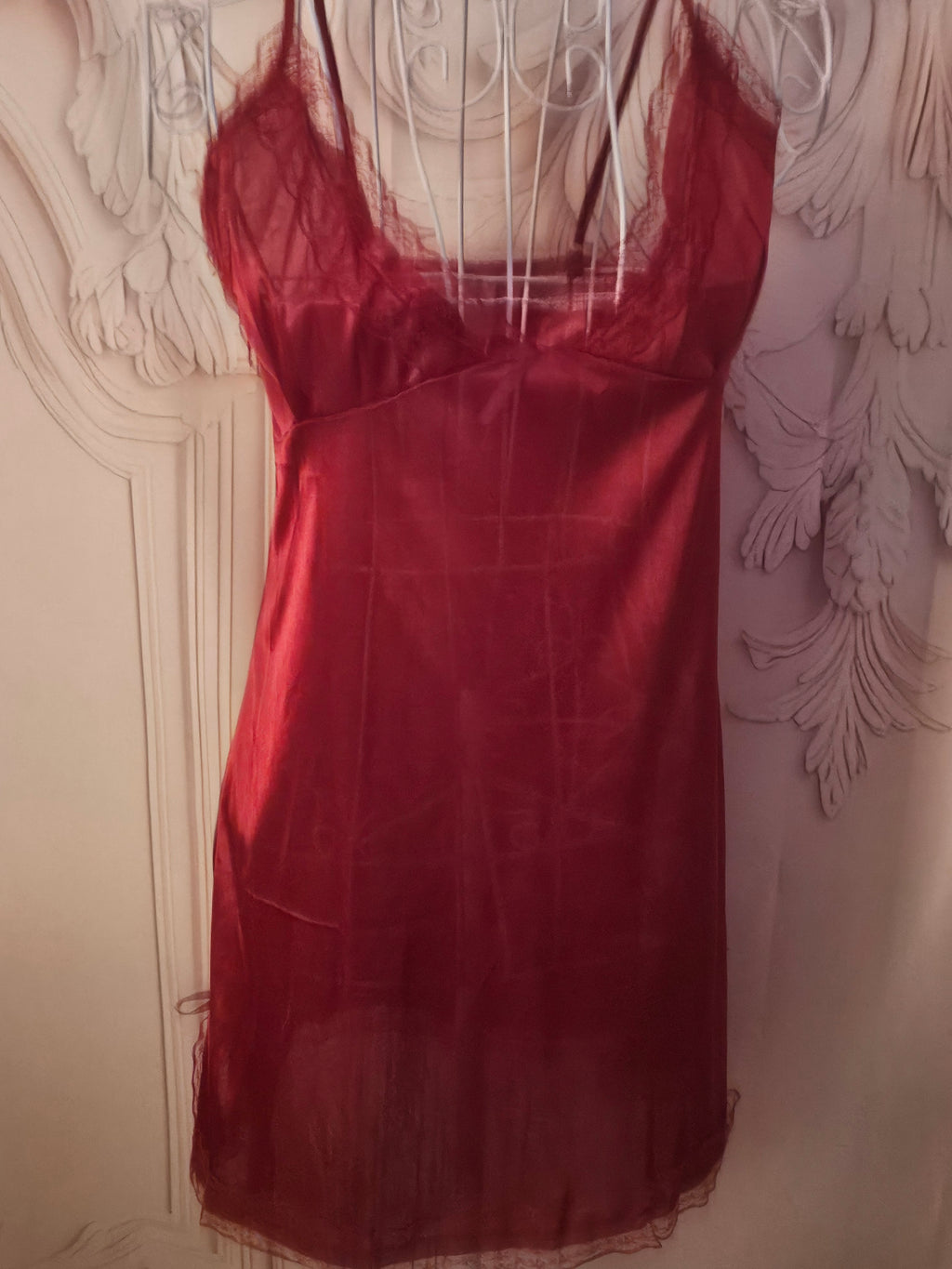 Ladies Red Satin Cami Slip with Bow Split
