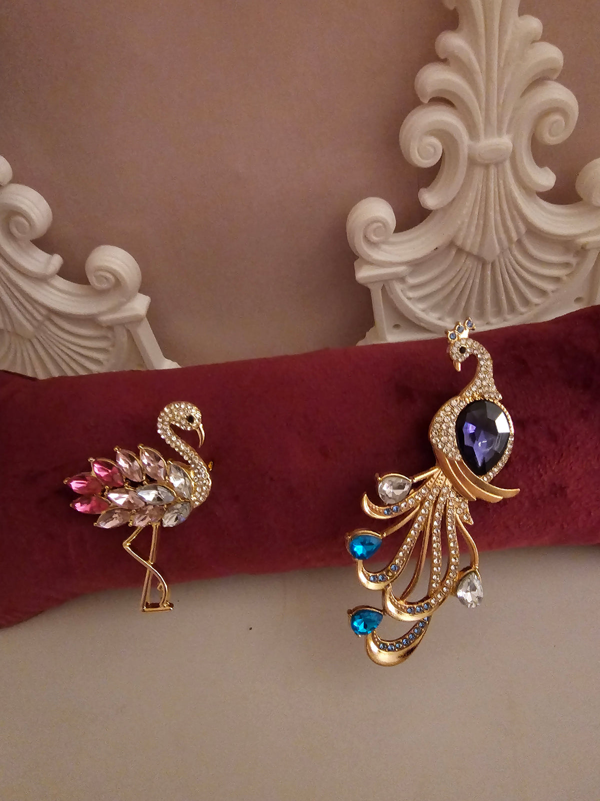 Ladies diamond set flamingo & peacock stunning brooches