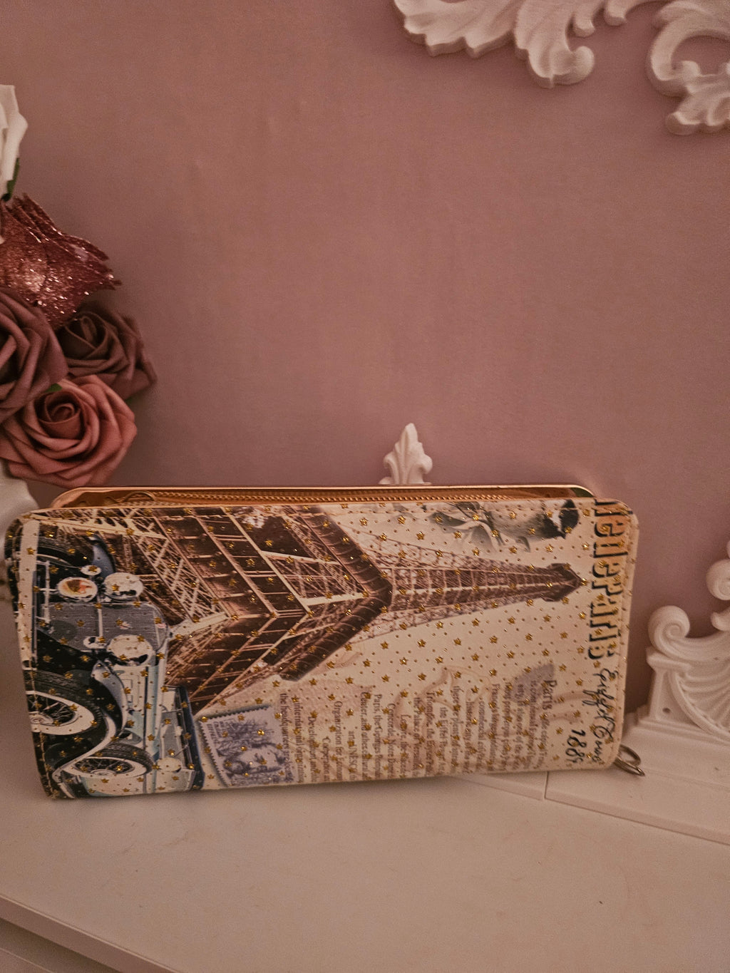 Ladies Large Classy Gold Purse with Paris Print Design
