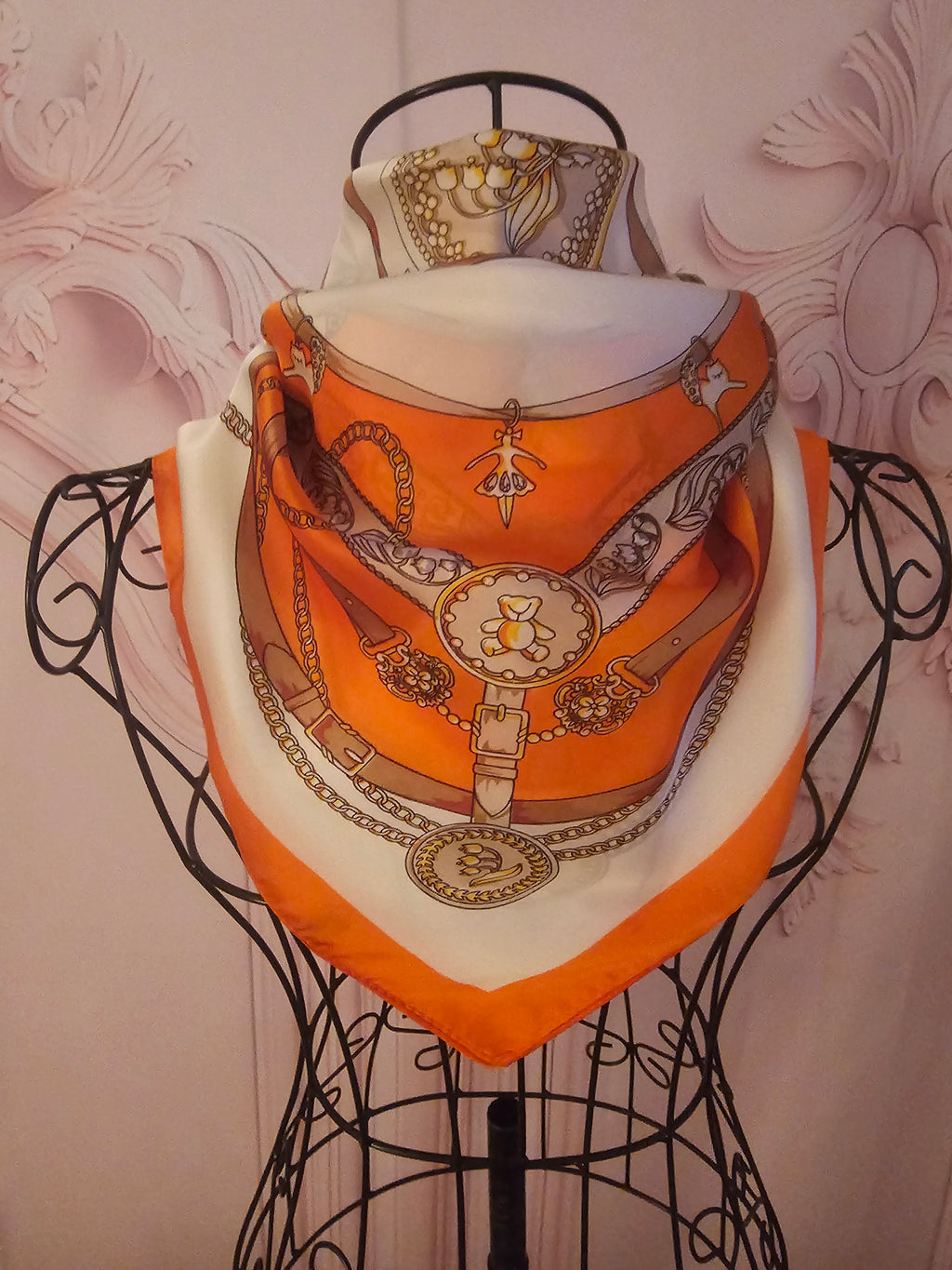 Ladies Orange & Cream with Classy Gold Detailing Silk Blend Head/Neck  Scarf