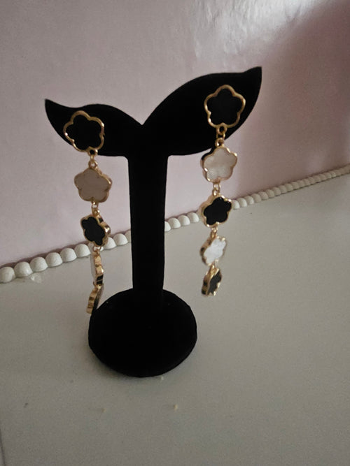 Ladies black & cream clover design long length earrings