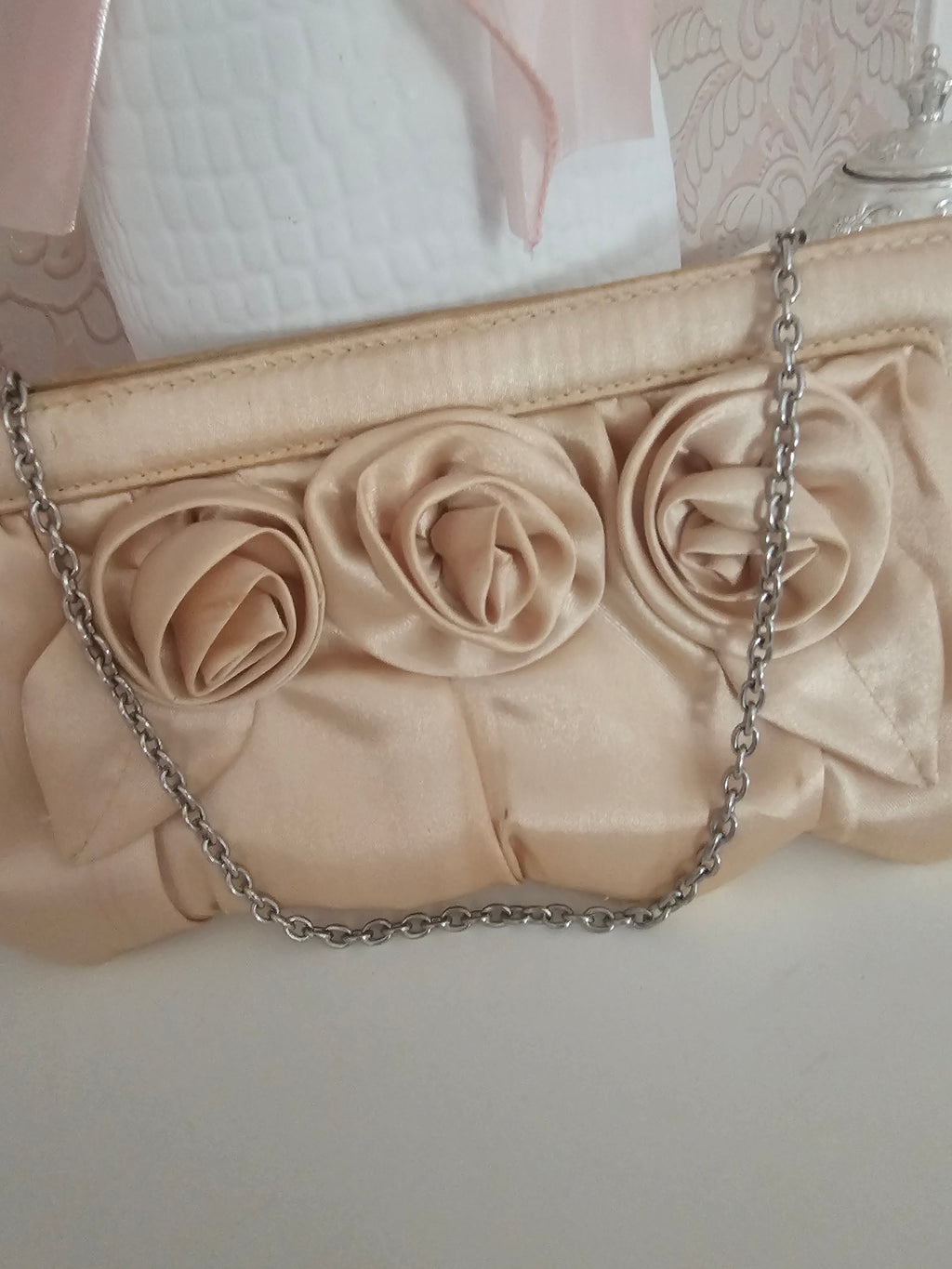 Ladies Beige Satin Rose detailed Clutch purse