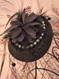 Black Netted Feather & Pearl Clip on Fascinator with matching Lacy Gloves