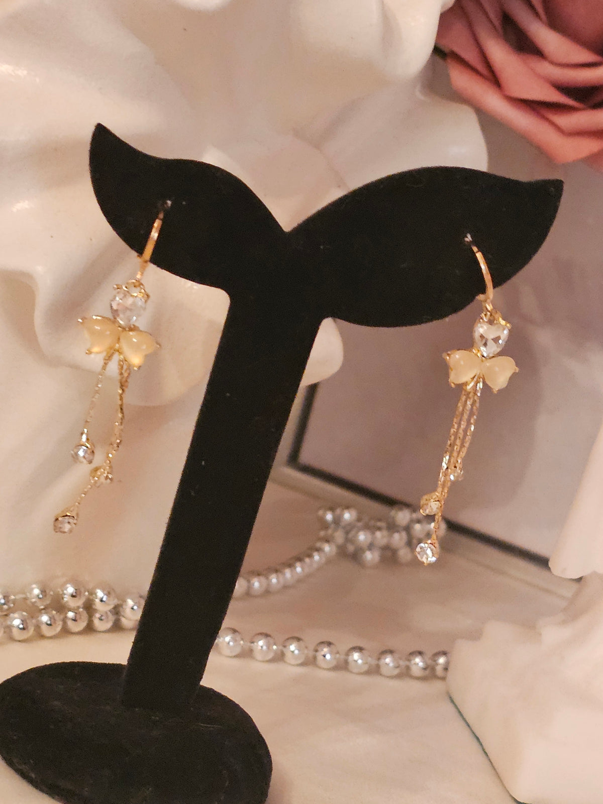 Ladies Gold Elegant Bow and Crystal Droplet Earrings