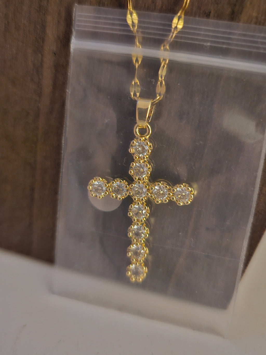 Ladies Gold Necklace with Gold Diamonte Cross Pendant