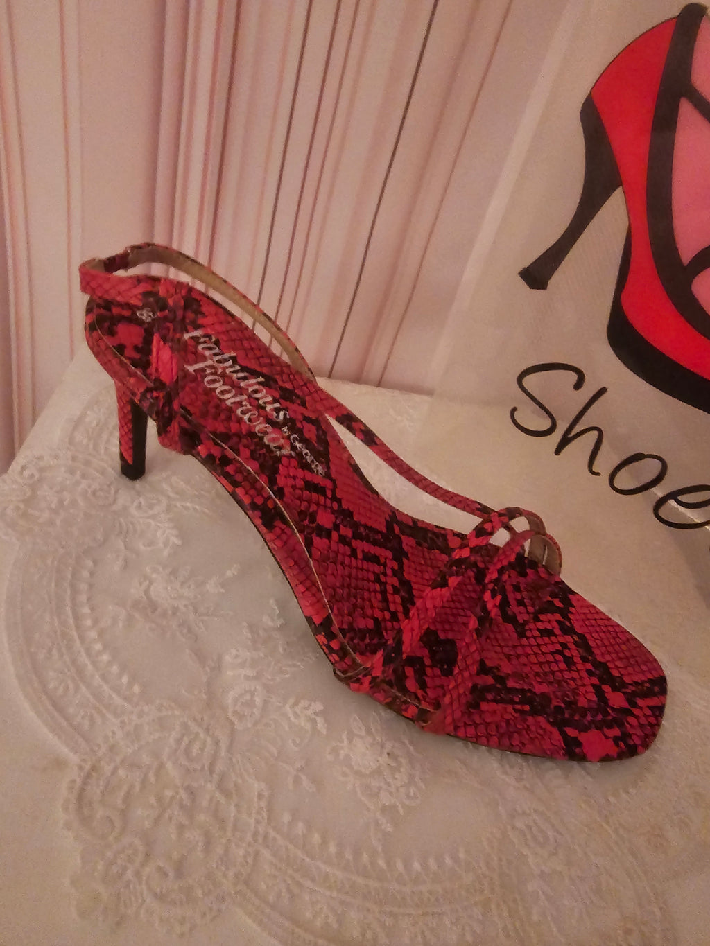 Ladies Red & Black Strappy Snakeskin Slingbacks