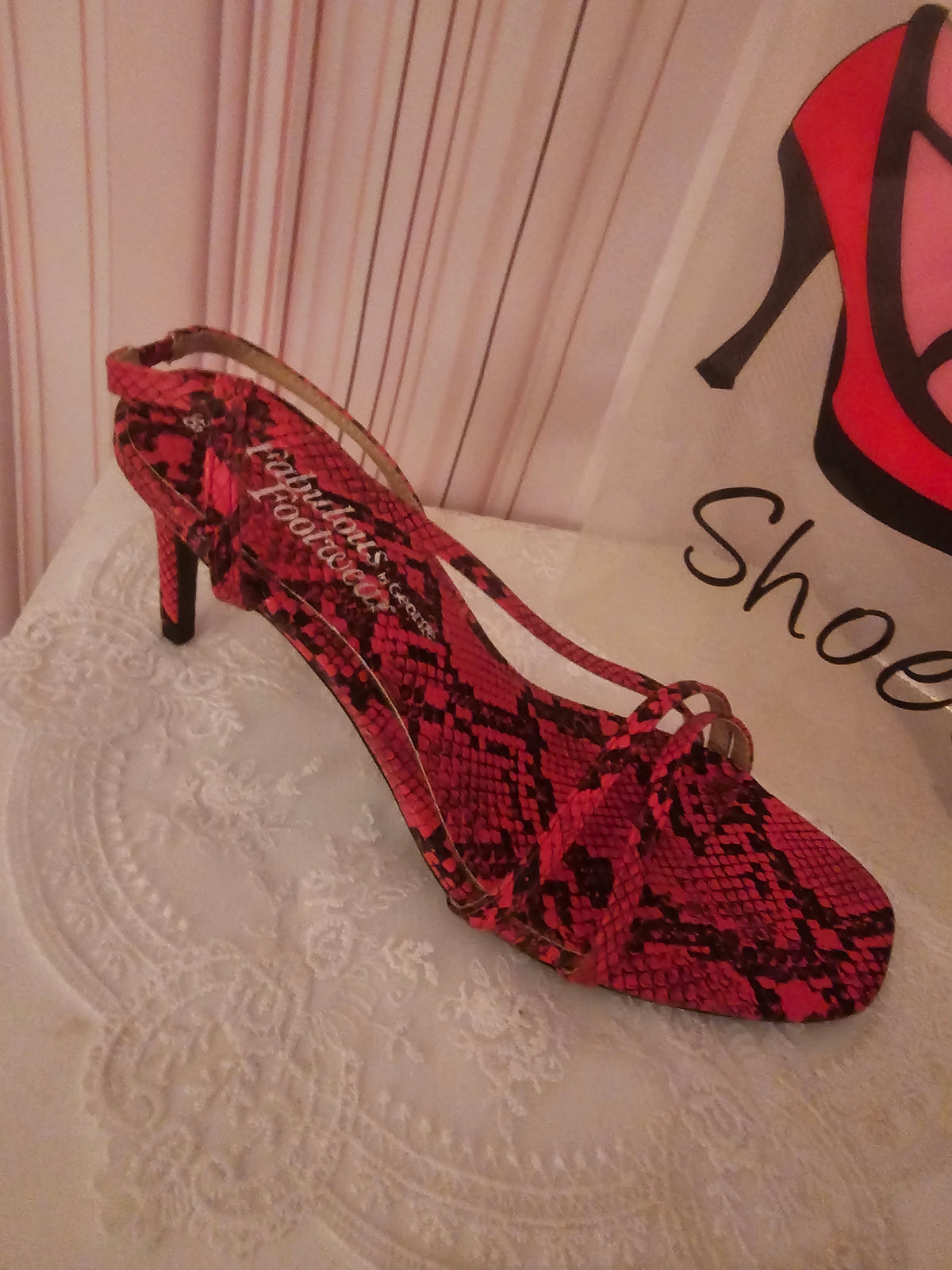 Ladies Red & Black Strappy Snakeskin Slingbacks