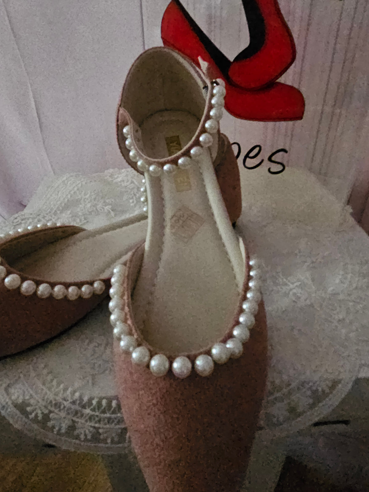 Ladies Dusky Pink Flats with Pearls Design