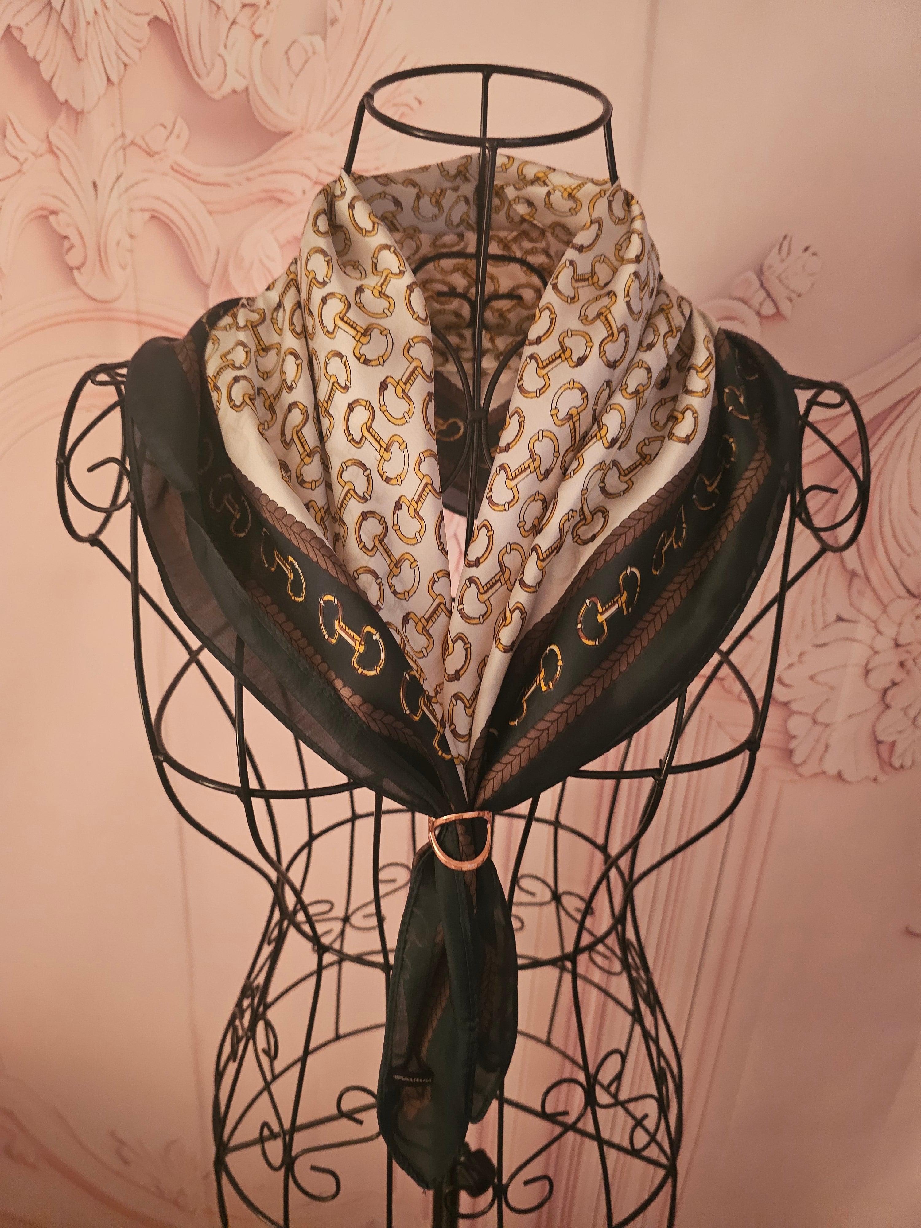 Ladies Silk Blend Dark Green & Cream with Gold Chain Design Head / Neck Scarf