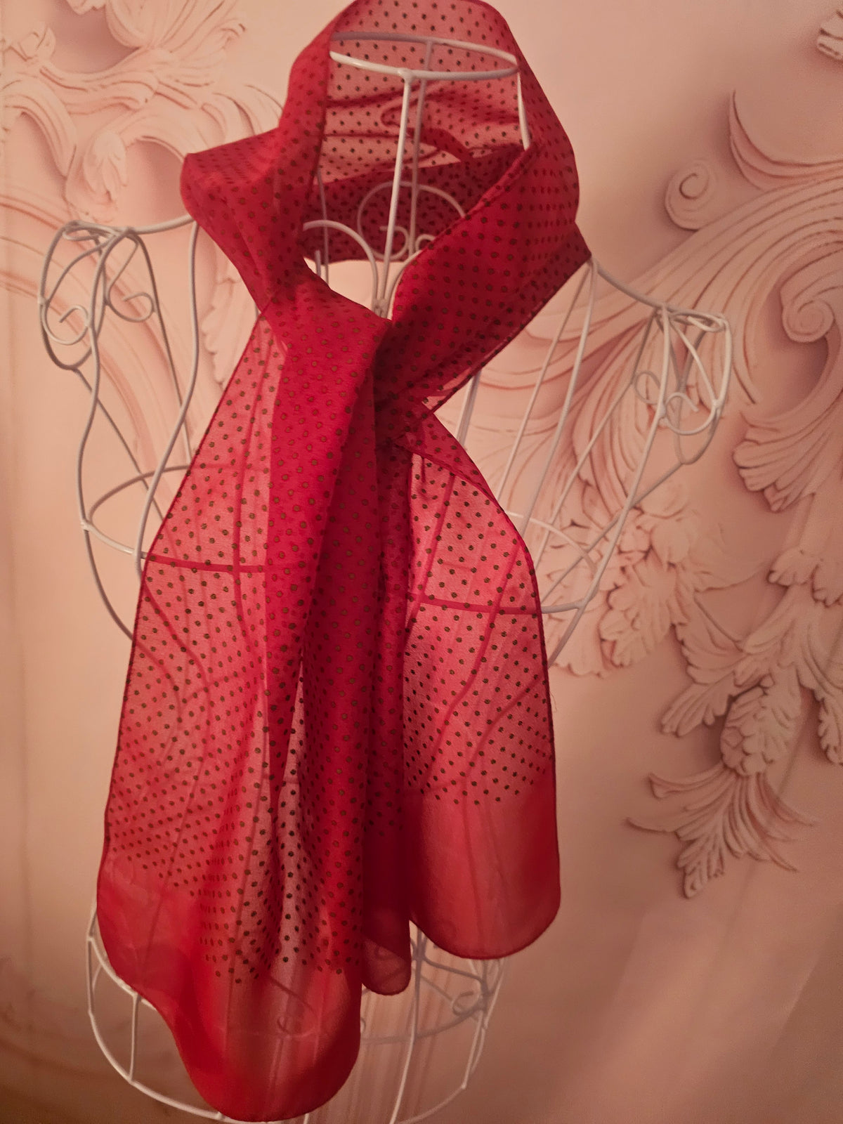Ladies Red Chiffon Polka Dot Style Chiffon Head or Neck Scarf