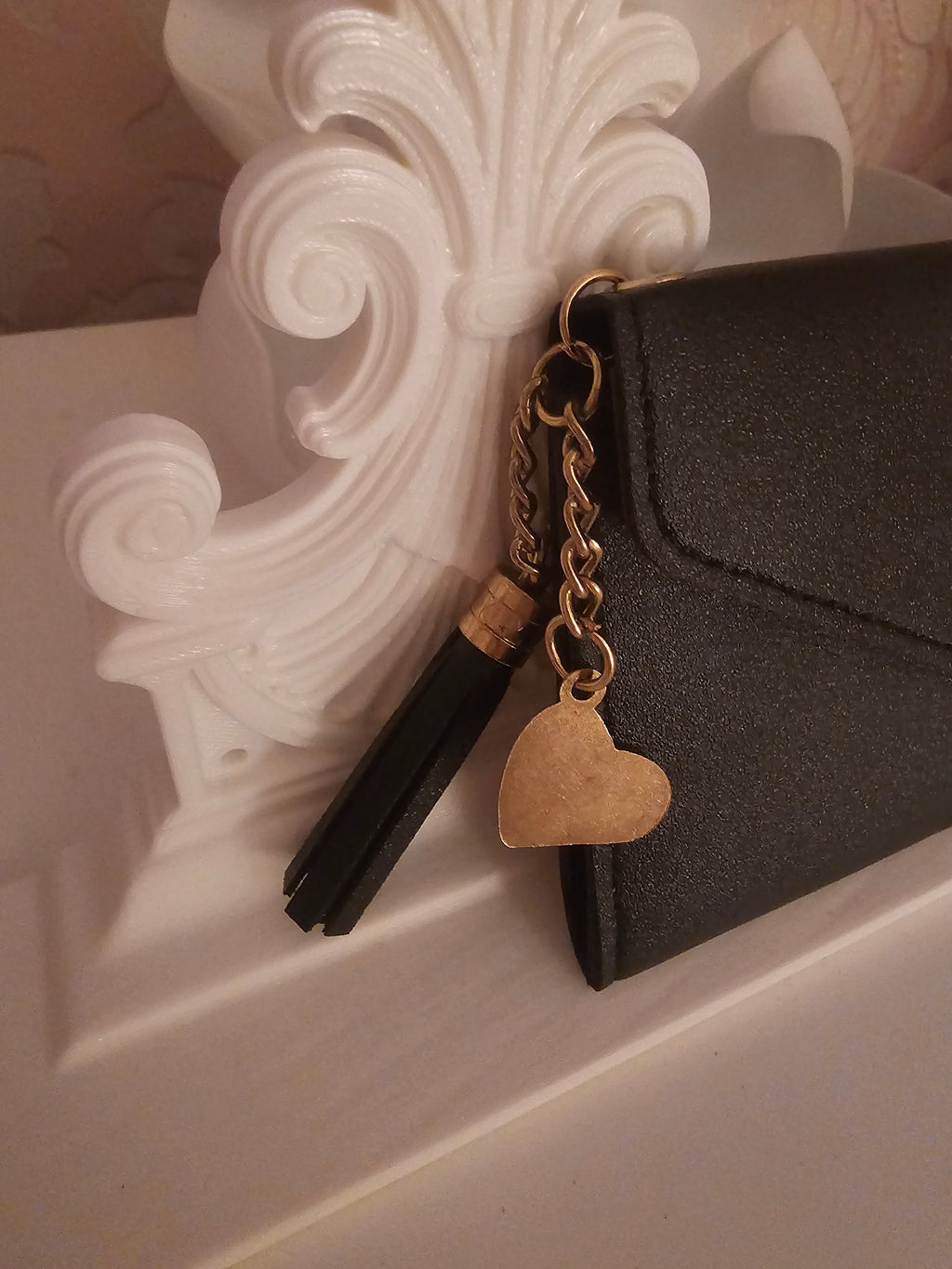 Ladies Black Large Purse with Gold heart & Tassel Detail
