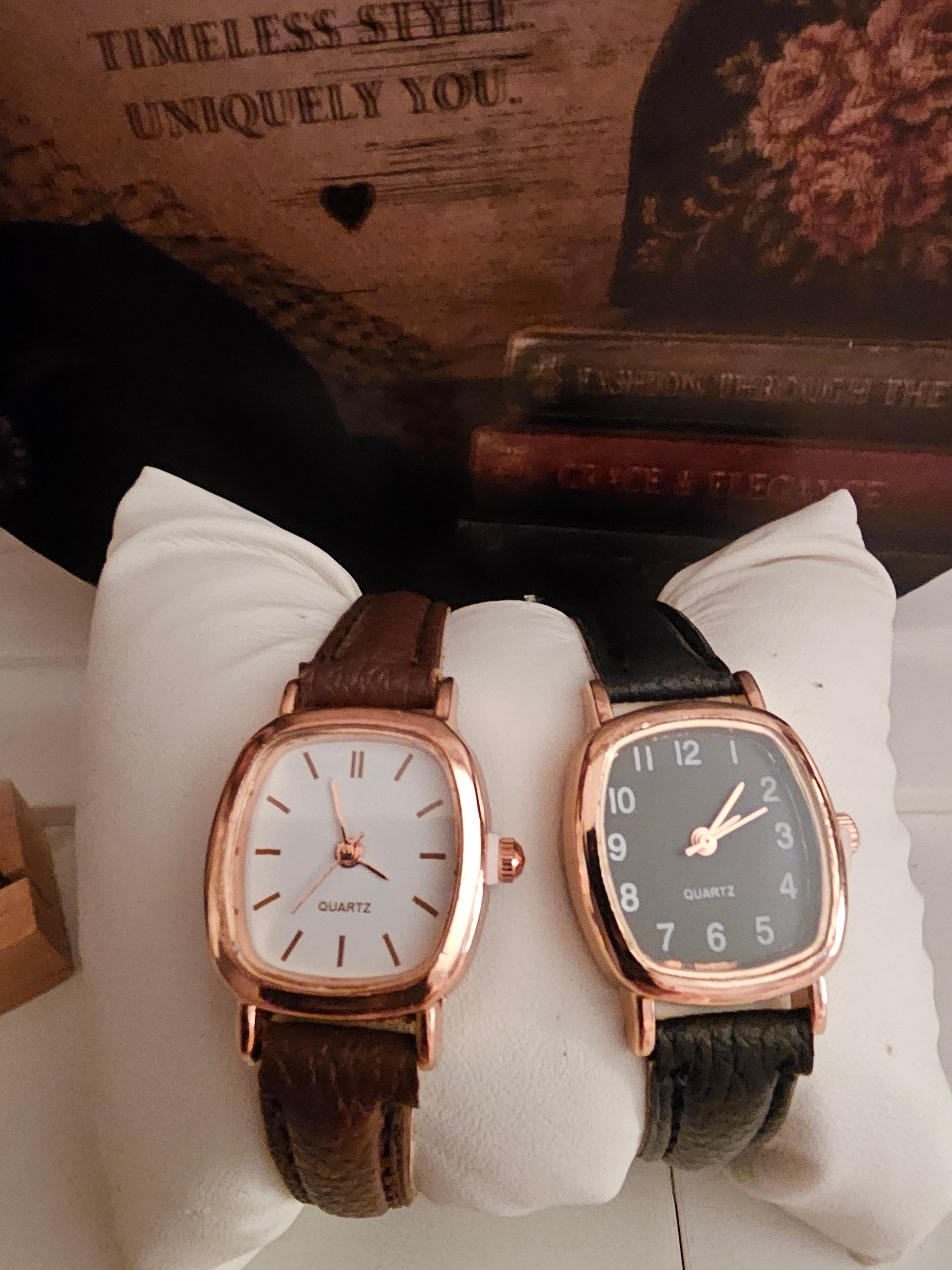 Ladies Gold Squared Face Watches 1 x brown 1 x black