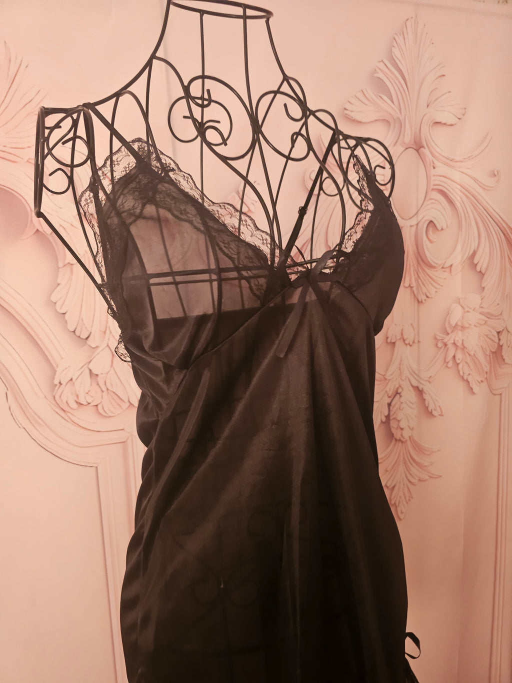 Ladies Black Silky Night Slip with Matching Gstring