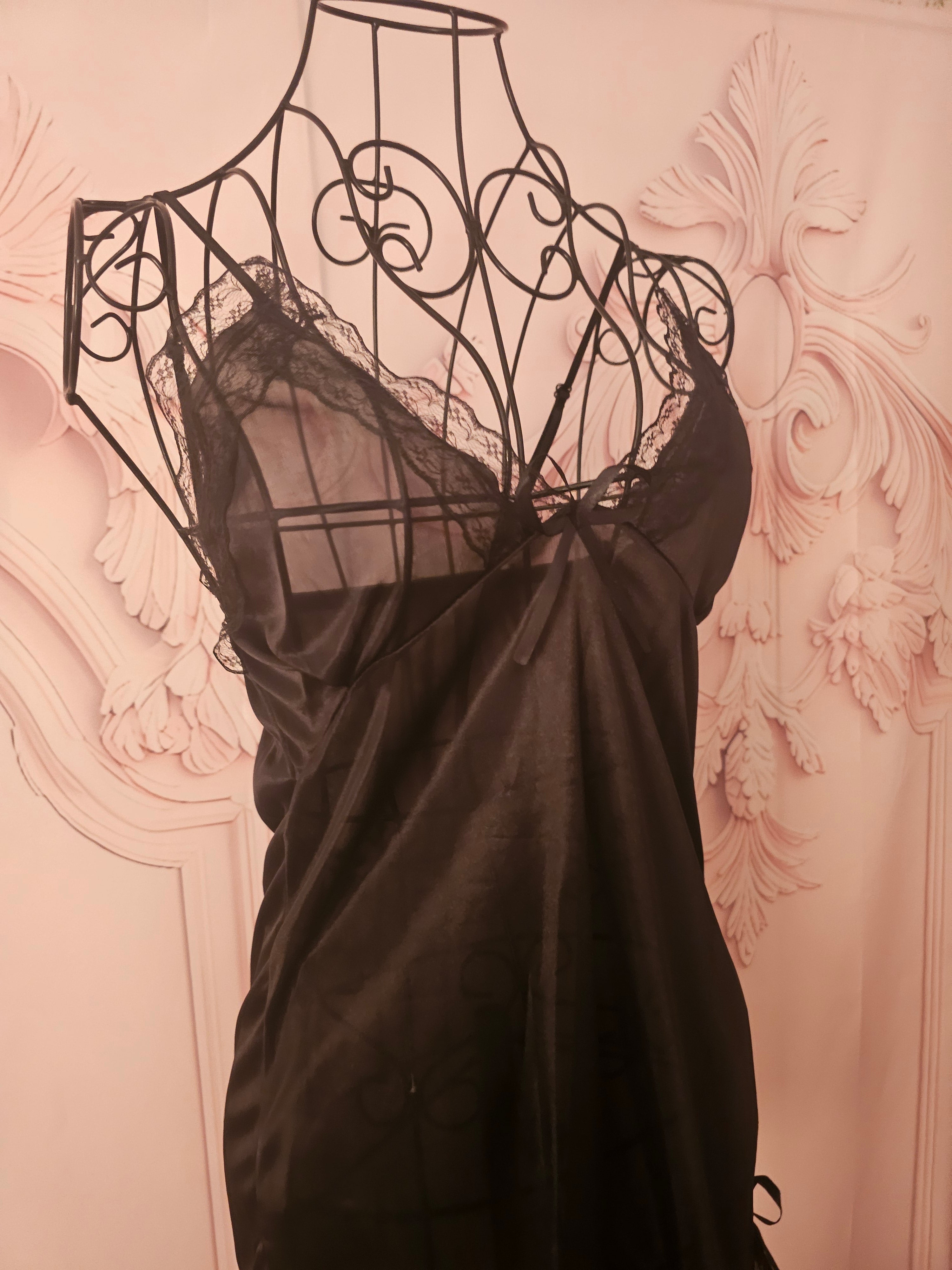 Ladies Black Silky Night Slip with Matching Gstring
