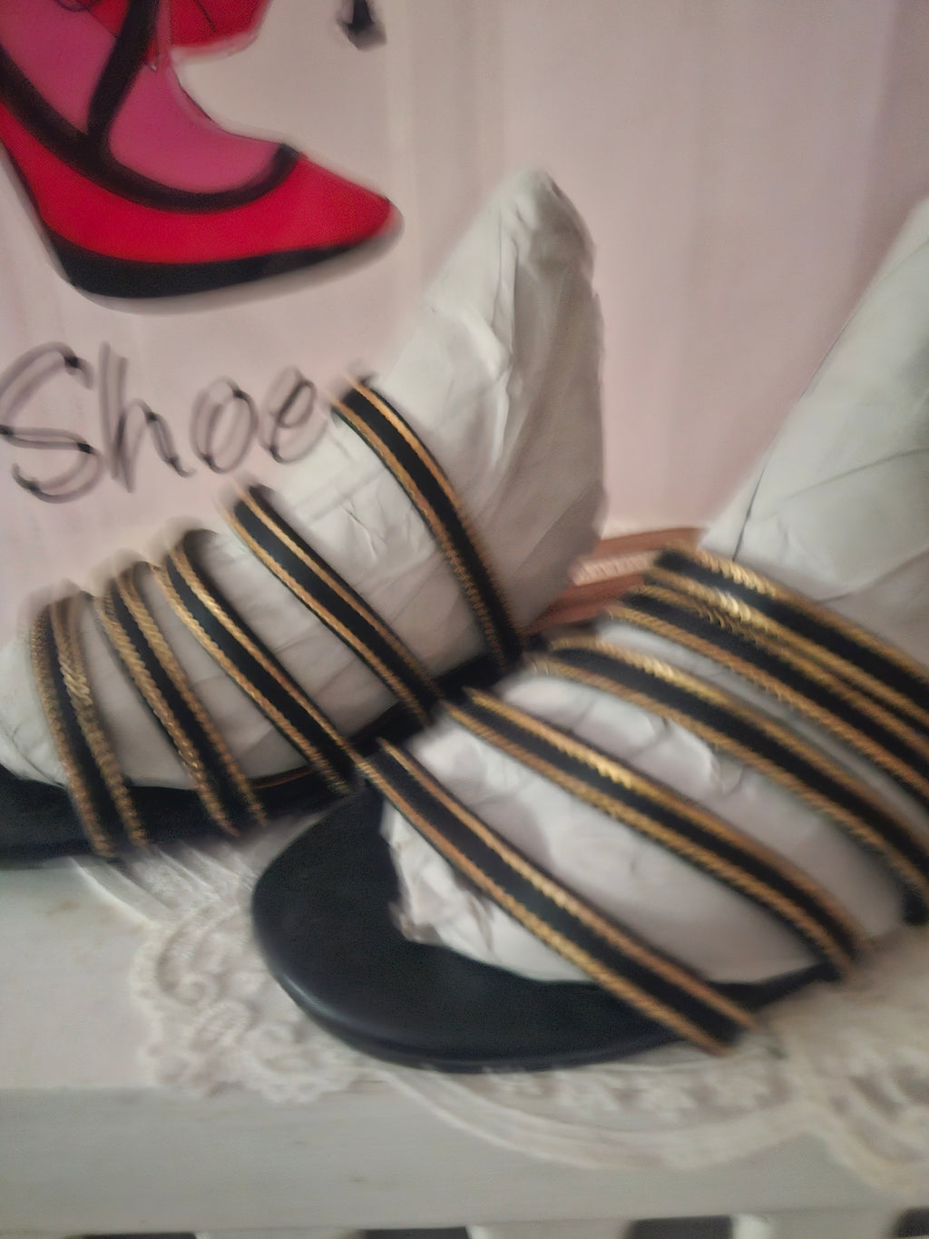 Ladies 2 x Strappy Slip ons with Gold Design Flat Heels 1 x black 1 x white