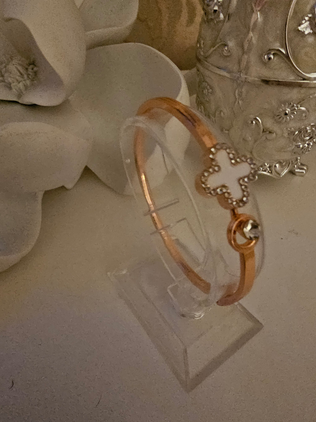Ladies Rose Gold & White Cross Design Solid Bangle
