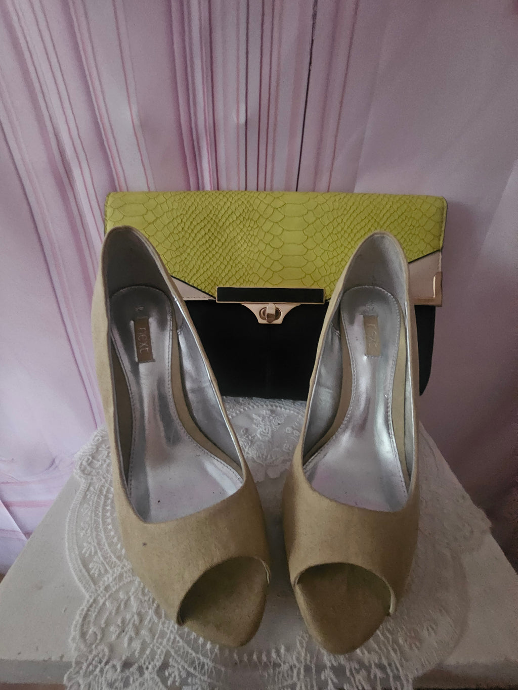 Ladies Next Lime Green Suede Peep Toe Heels