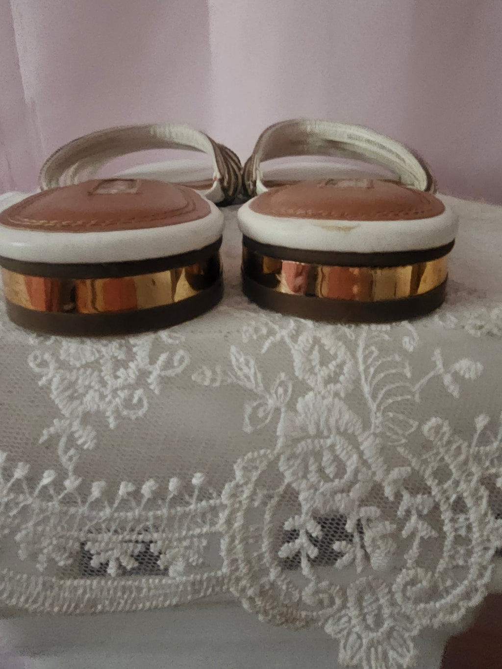 Ladies 2 x Strappy Slip ons with Gold Design Flat Heels 1 x black 1 x white