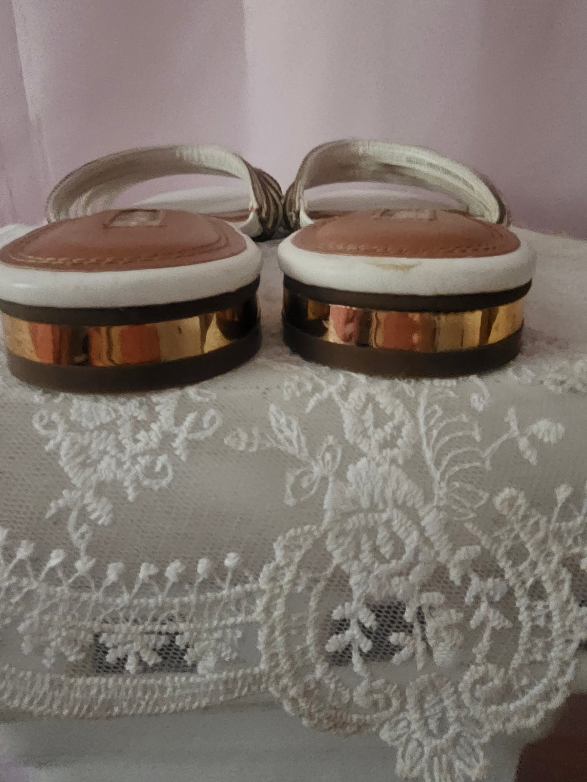 Ladies 2 x Strappy Slip ons with Gold Design Flat Heels 1 x black 1 x white
