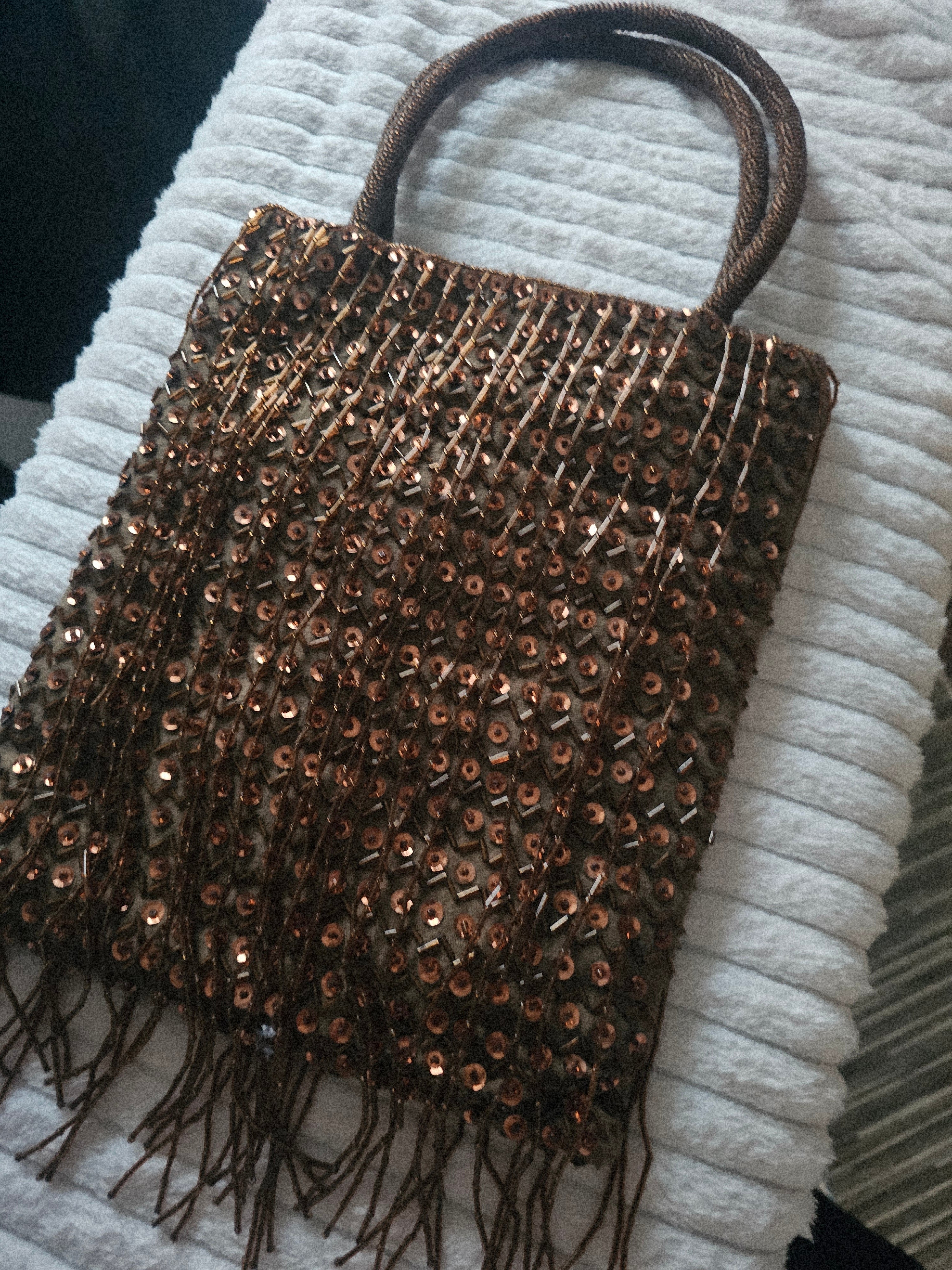 Ladies Bronze sequenced & Fringed evening bag