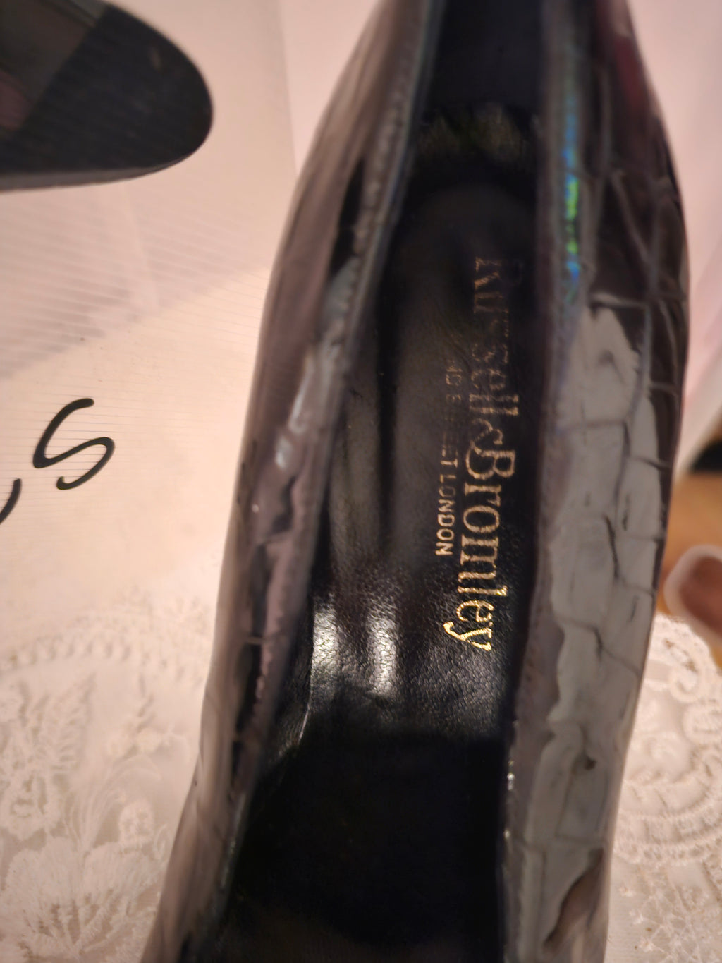 Ladies Russell & Bromley Black Paitent Crocodile Block Heels