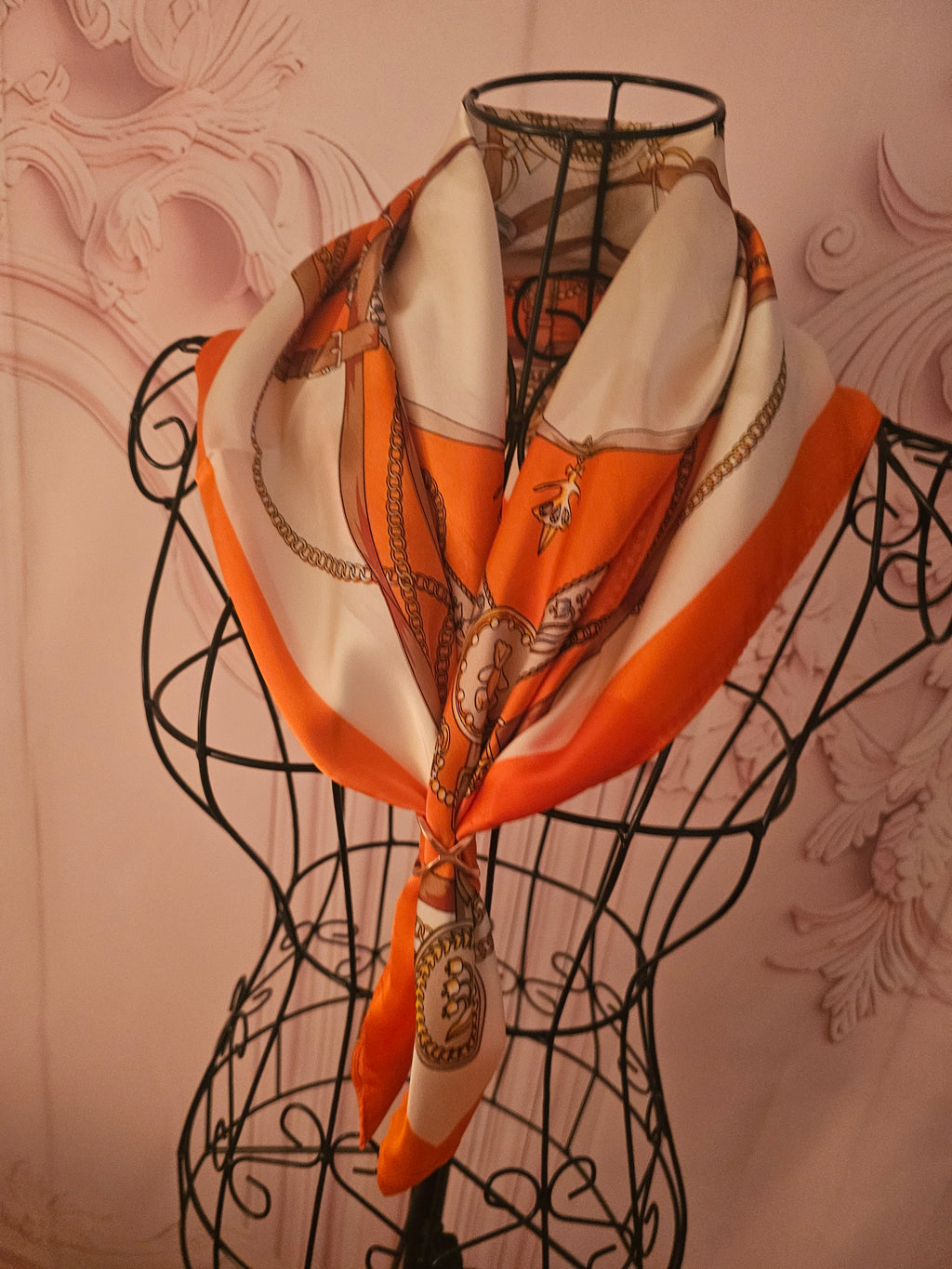 Ladies Orange & Cream with Classy Gold Detailing Silk Blend Head/Neck  Scarf