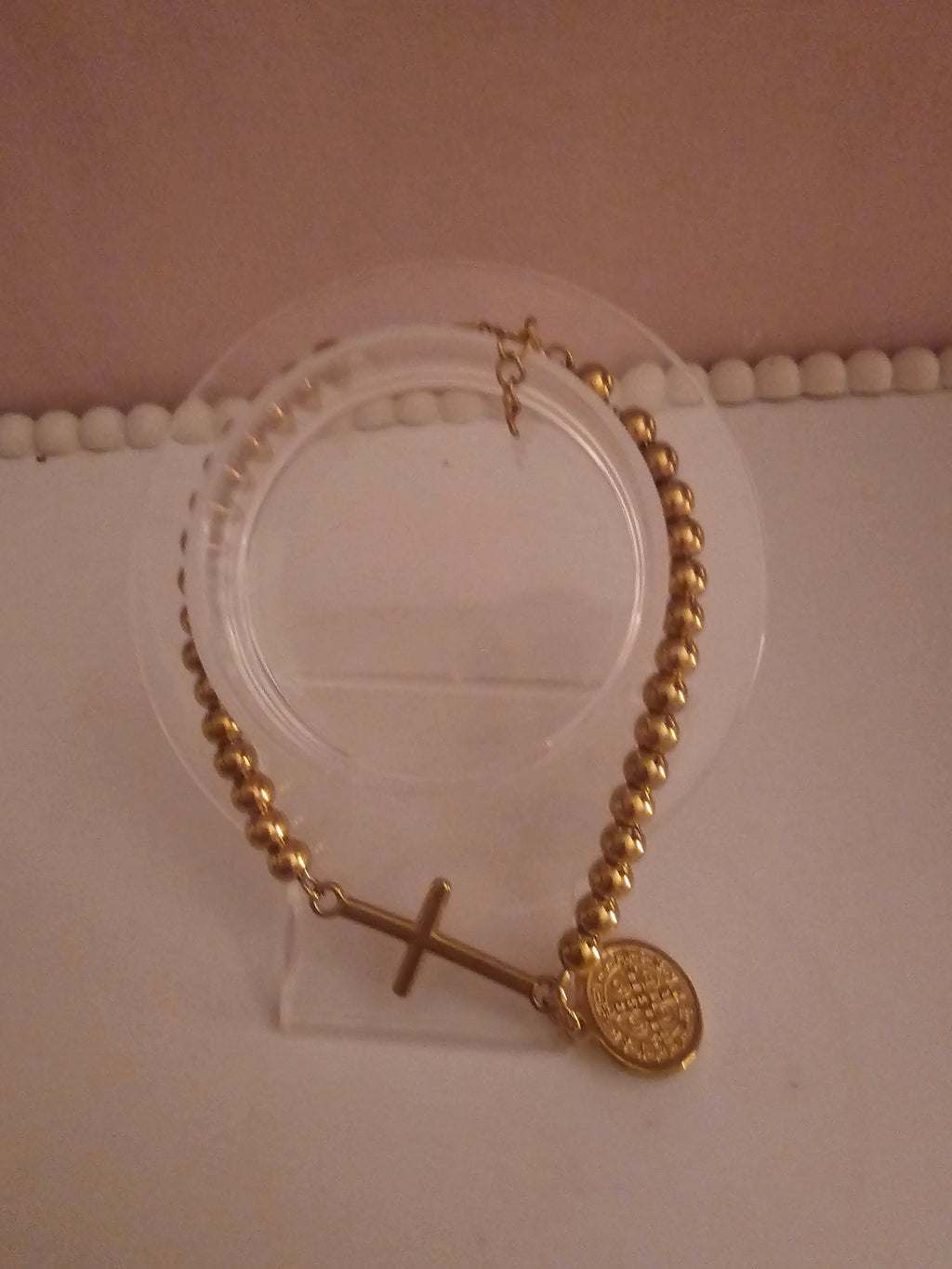Ladies Gold plated ball bracelet with cross & medal charm