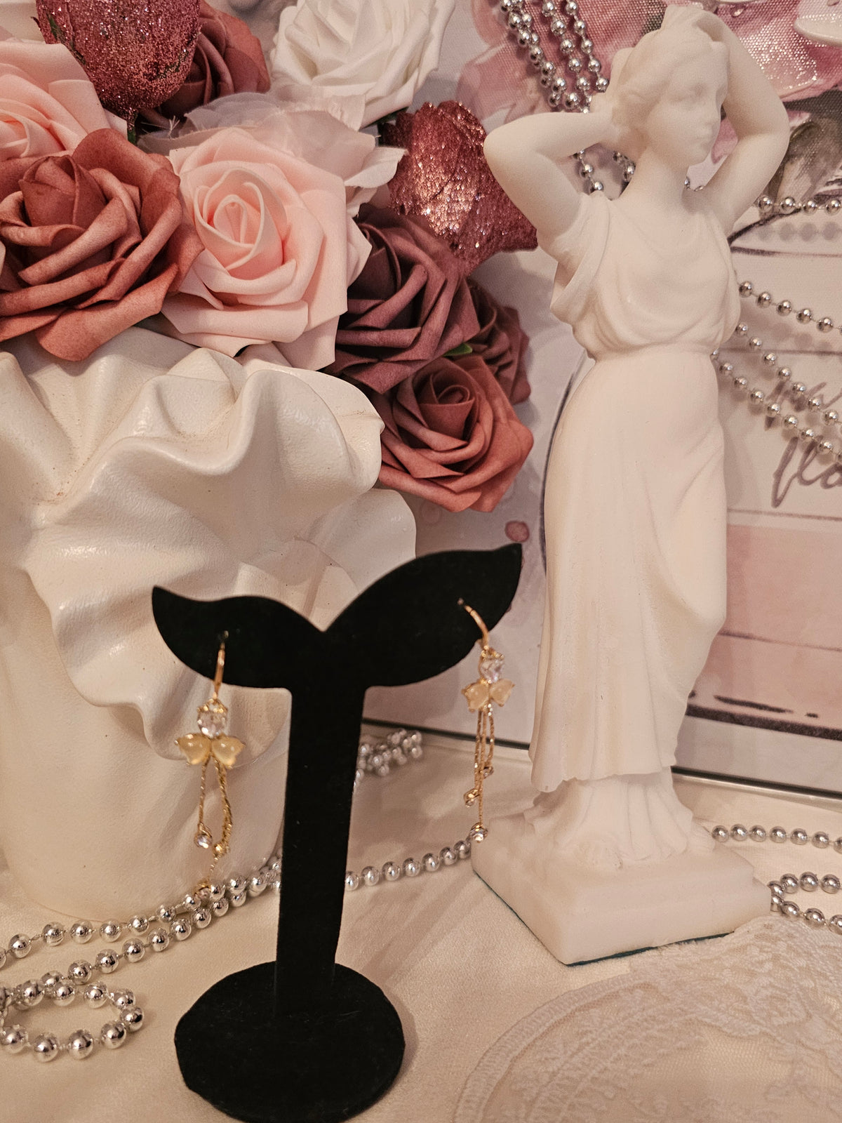 Ladies Gold Elegant Bow and Crystal Droplet Earrings