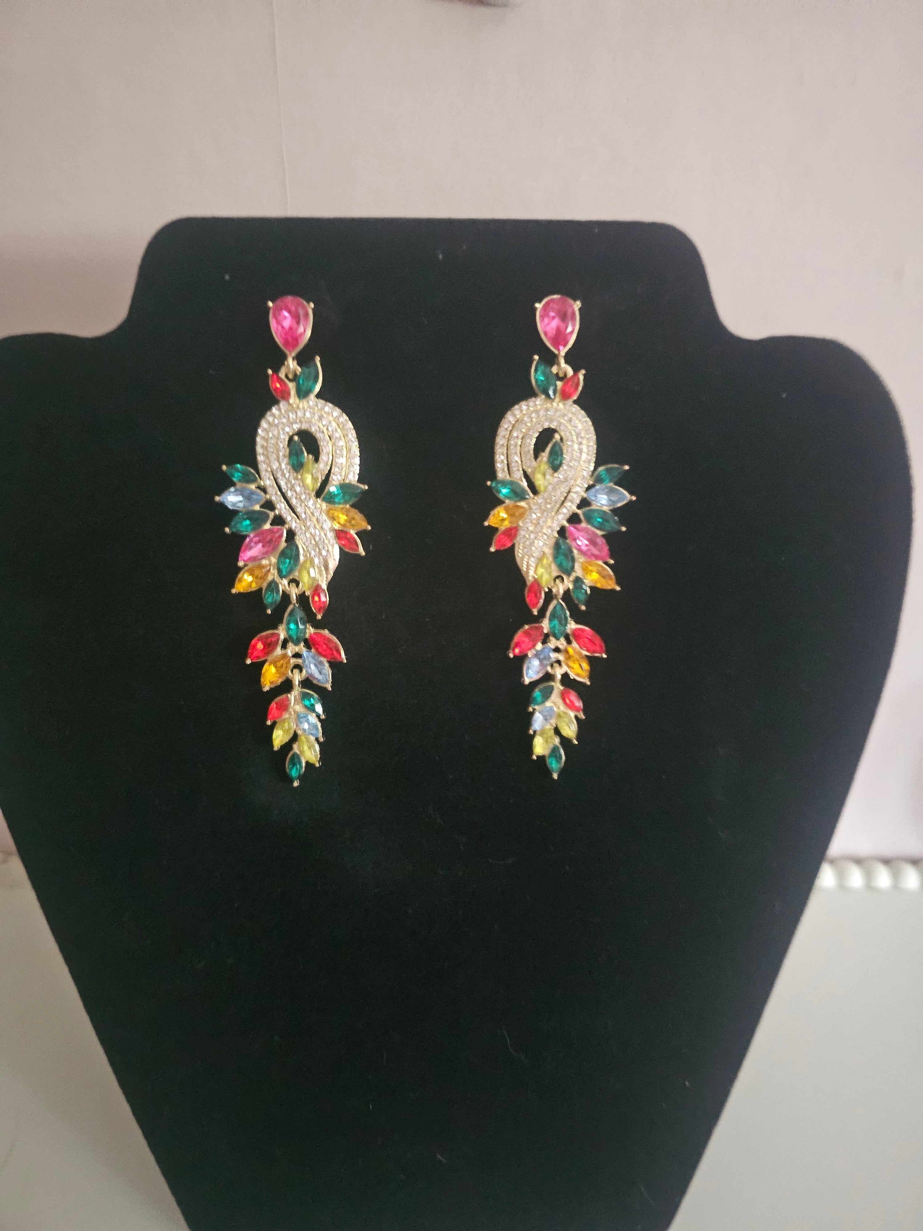 Ladies multi coloured gemstone diamonte dress earrings
