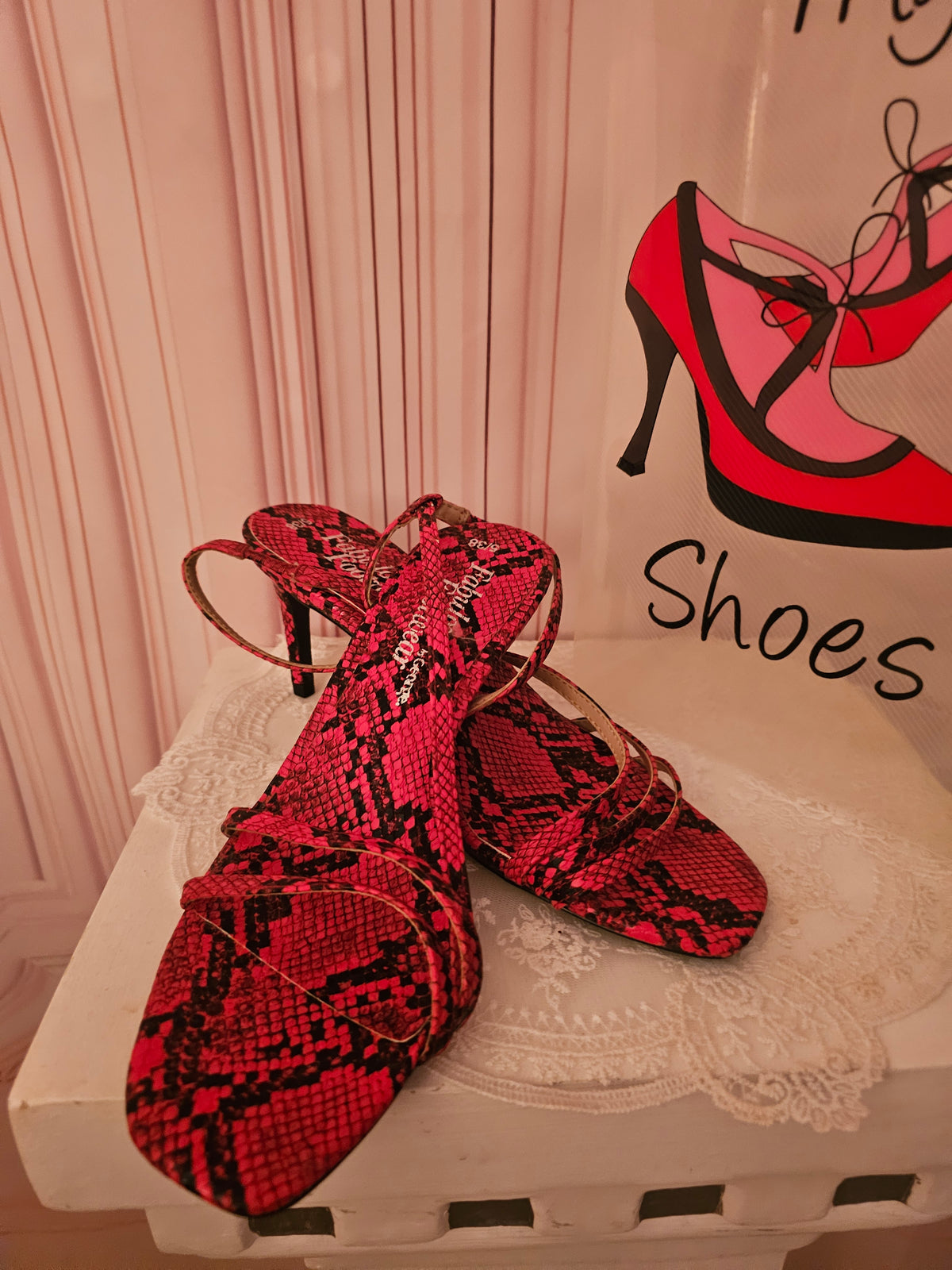 Ladies Red & Black Strappy Snakeskin Slingbacks