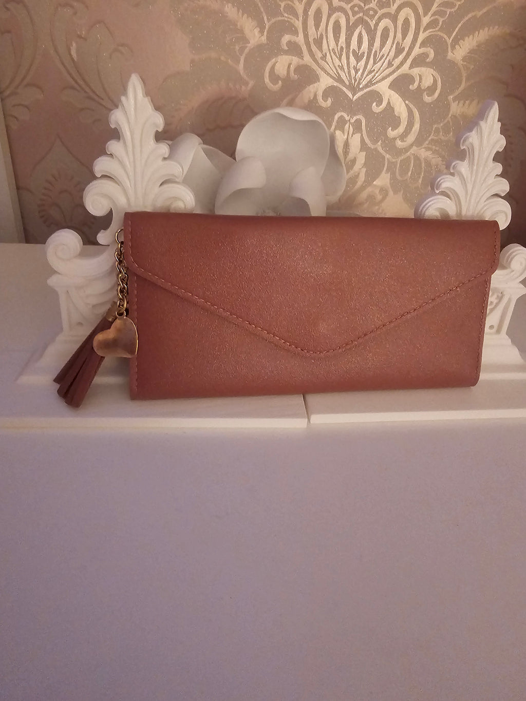 Ladies Brown Large Purse with Gold Heart & Tassel Pendant