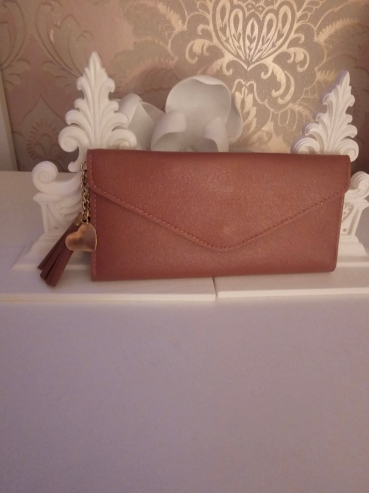 Ladies Brown Large Purse with Gold Heart & Tassel Pendant