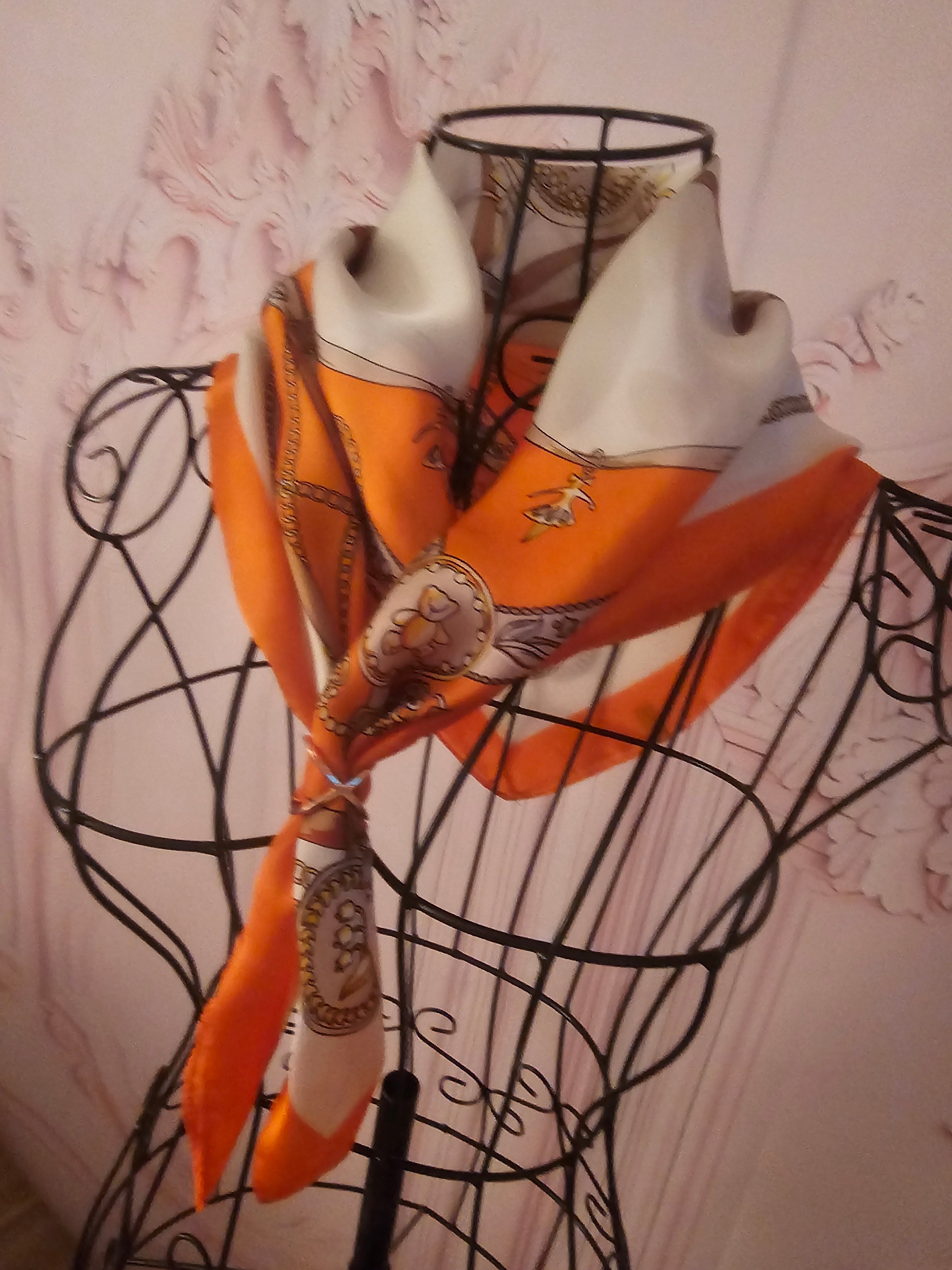 Ladies Orange & Cream with Classy Gold Detailing Silk Blend Head/Neck  Scarf