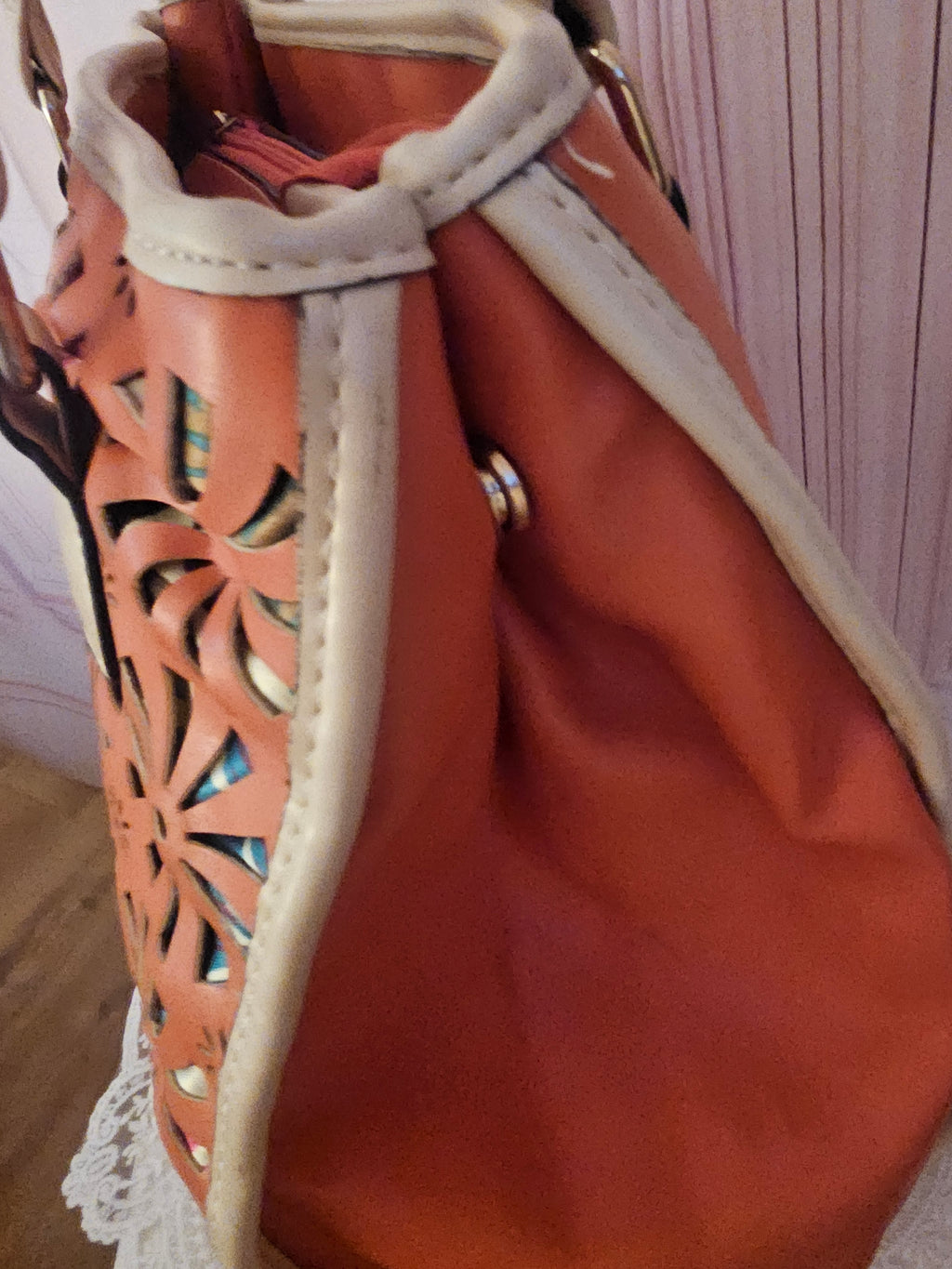 Ladies Leather Orange & Cream unusual Handbag