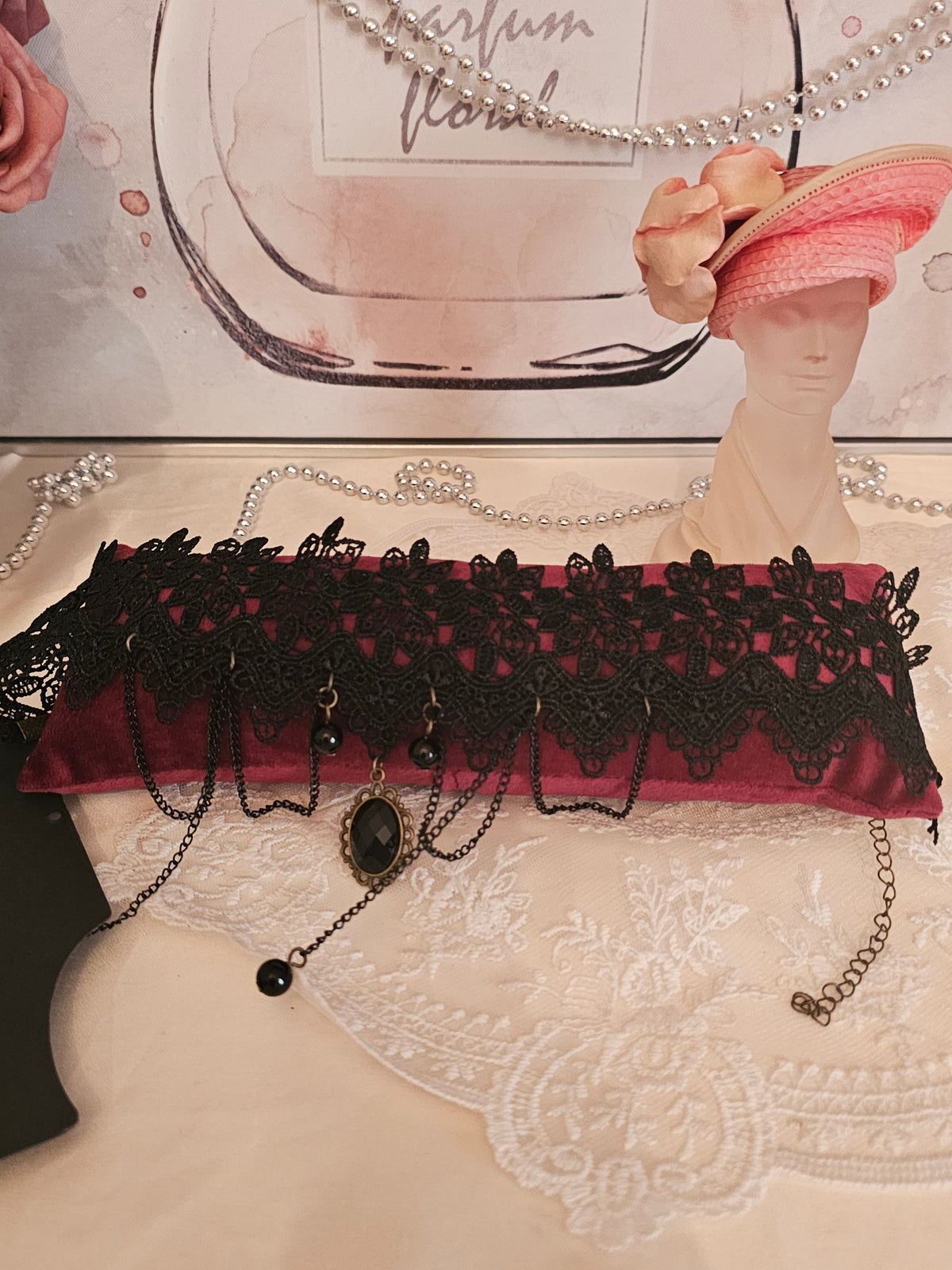 Ladies Black lacy With Jewels Choker Necklace