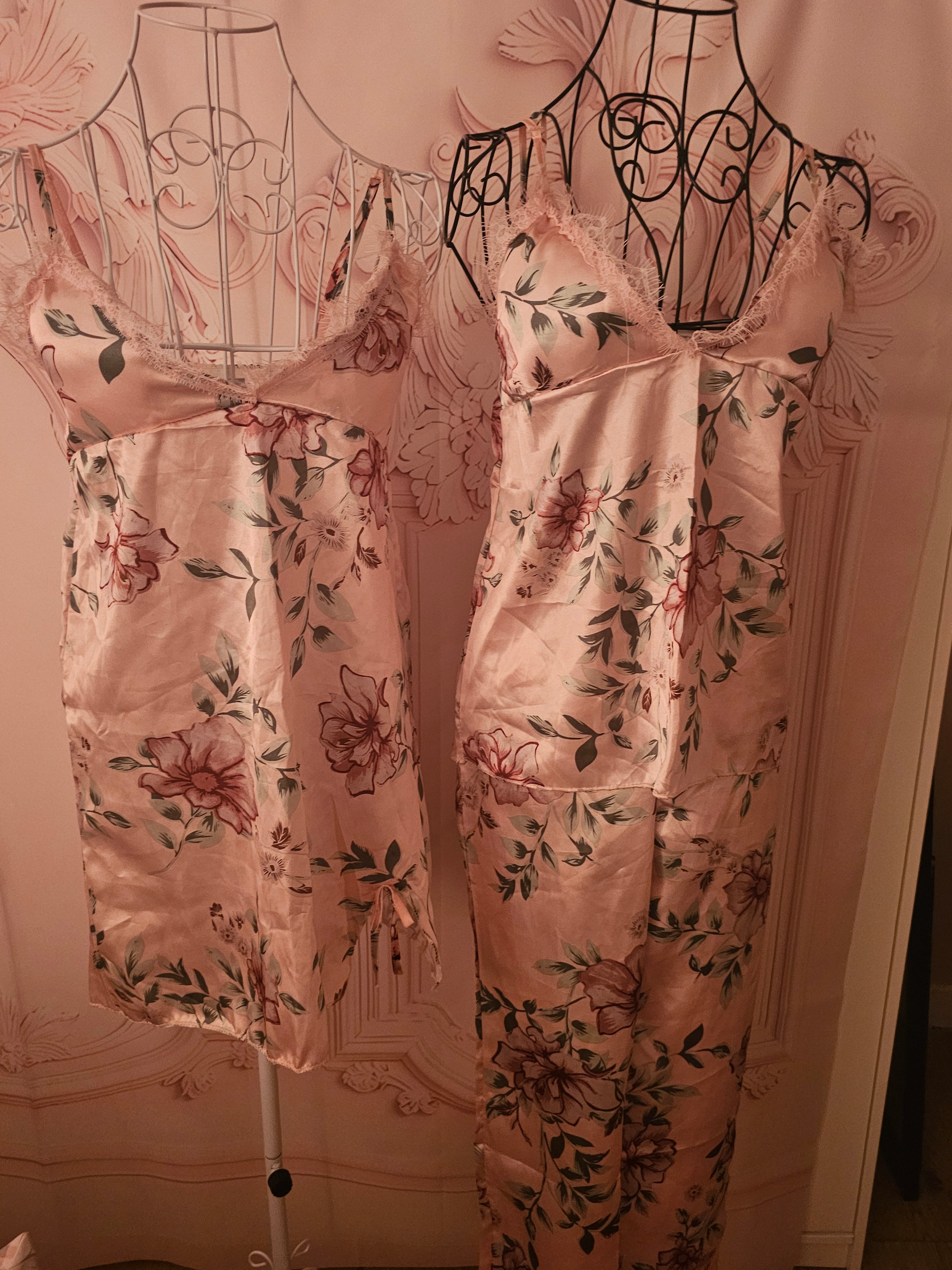 Ladies Pink Floral Satin 4 piece Lingerie Nightwear
