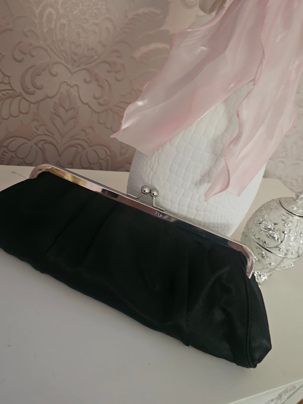 Ladies Black Satin with silver chain strap evening bag