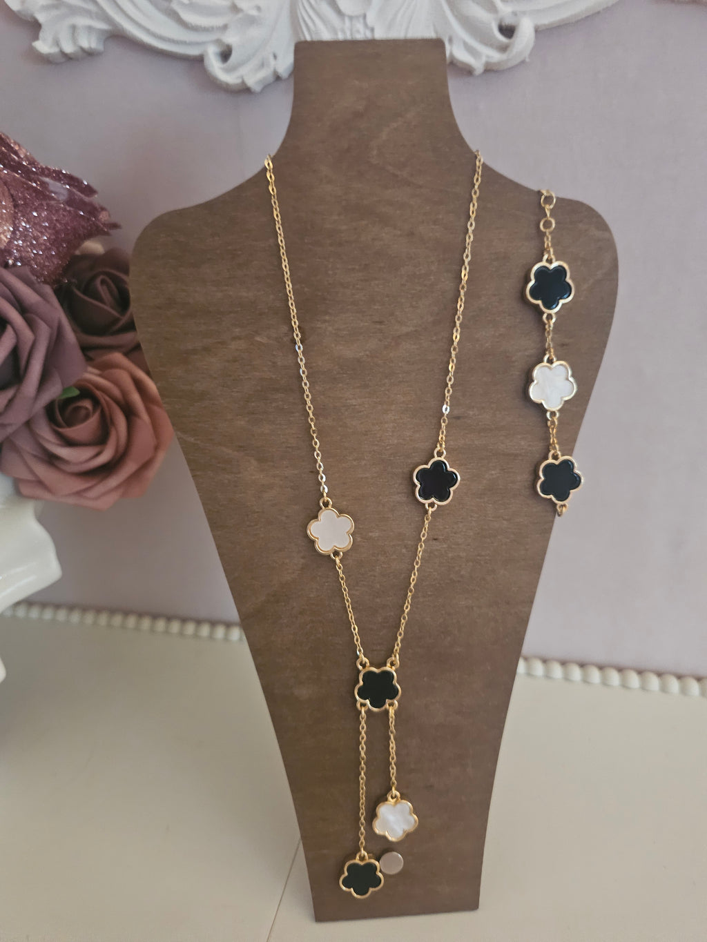 Gold & Black Clover Long Necklace & Matching Bracelet