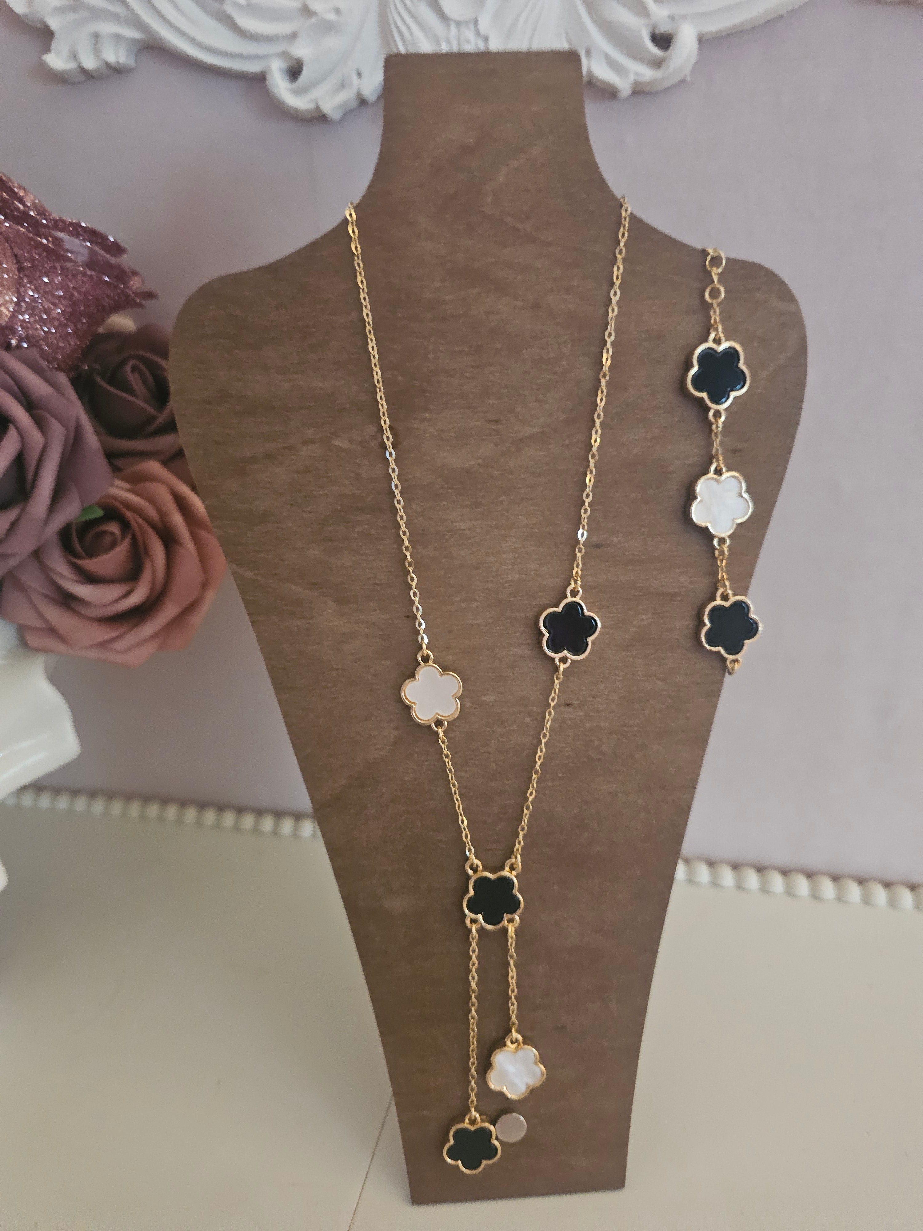 Gold & Black Clover Long Necklace & Matching Bracelet
