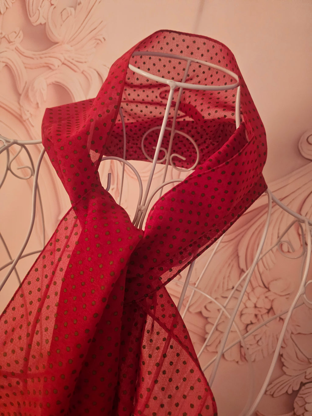 Ladies Red Chiffon Polka Dot Style Chiffon Head or Neck Scarf