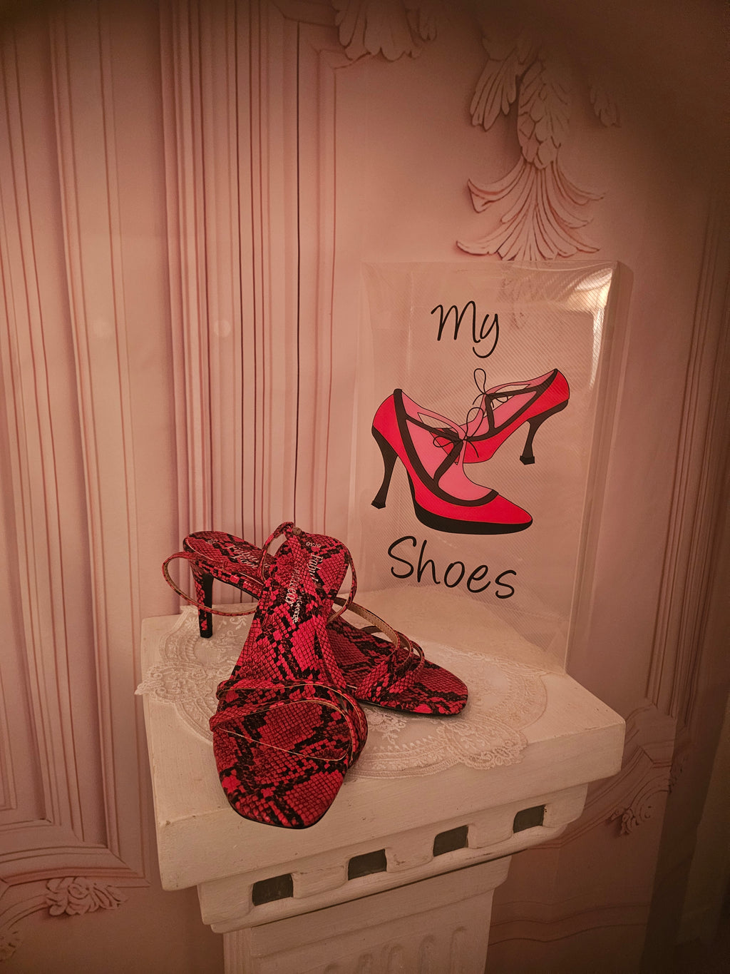 Ladies Red & Black Strappy Snakeskin Slingbacks