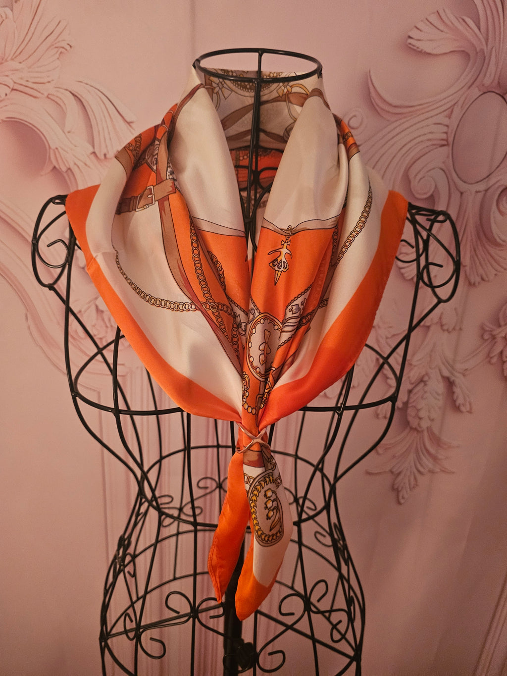 Ladies Orange & Cream with Classy Gold Detailing Silk Blend Head/Neck  Scarf
