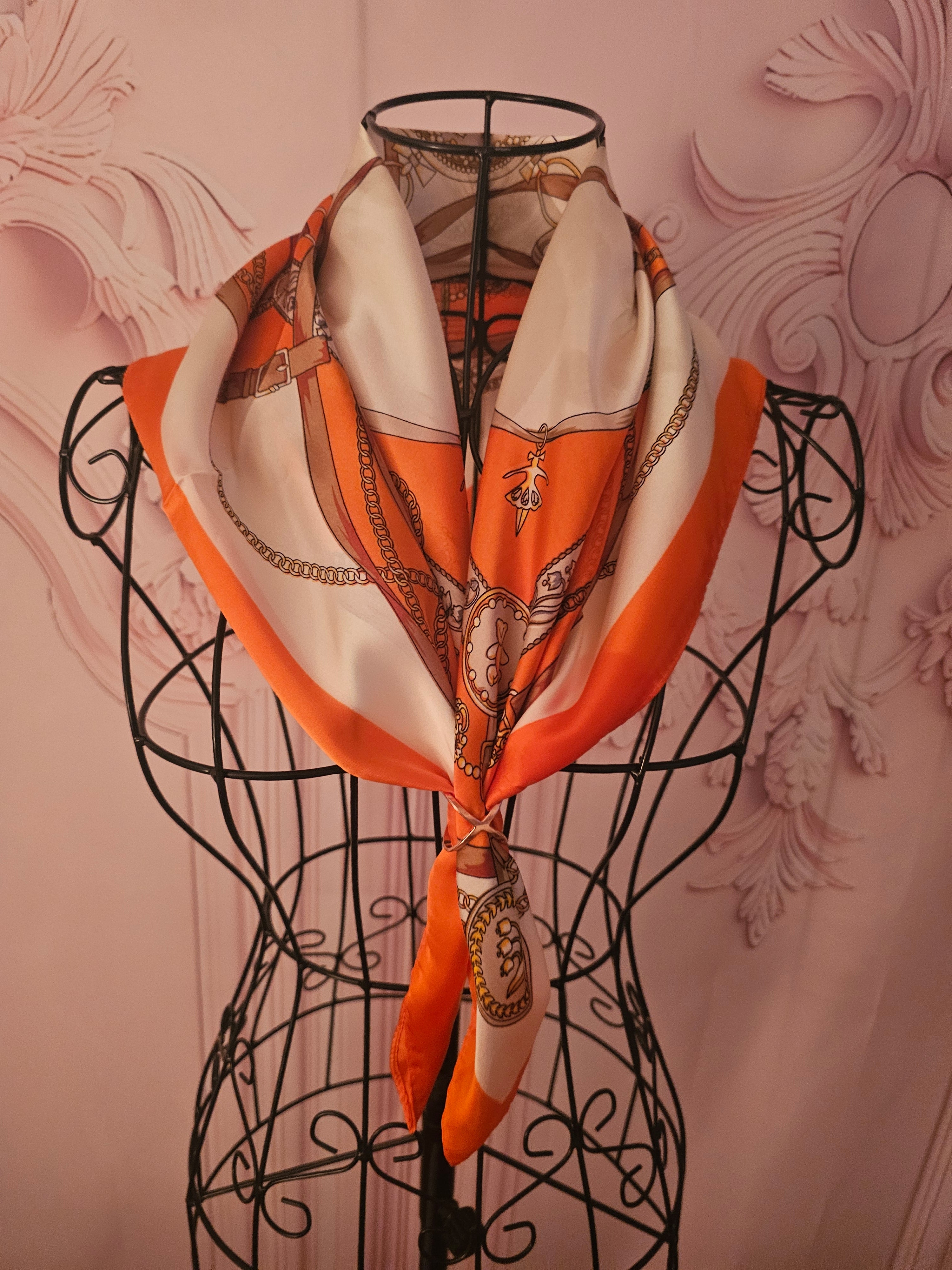Ladies Orange & Cream with Classy Gold Detailing Silk Blend Head/Neck  Scarf